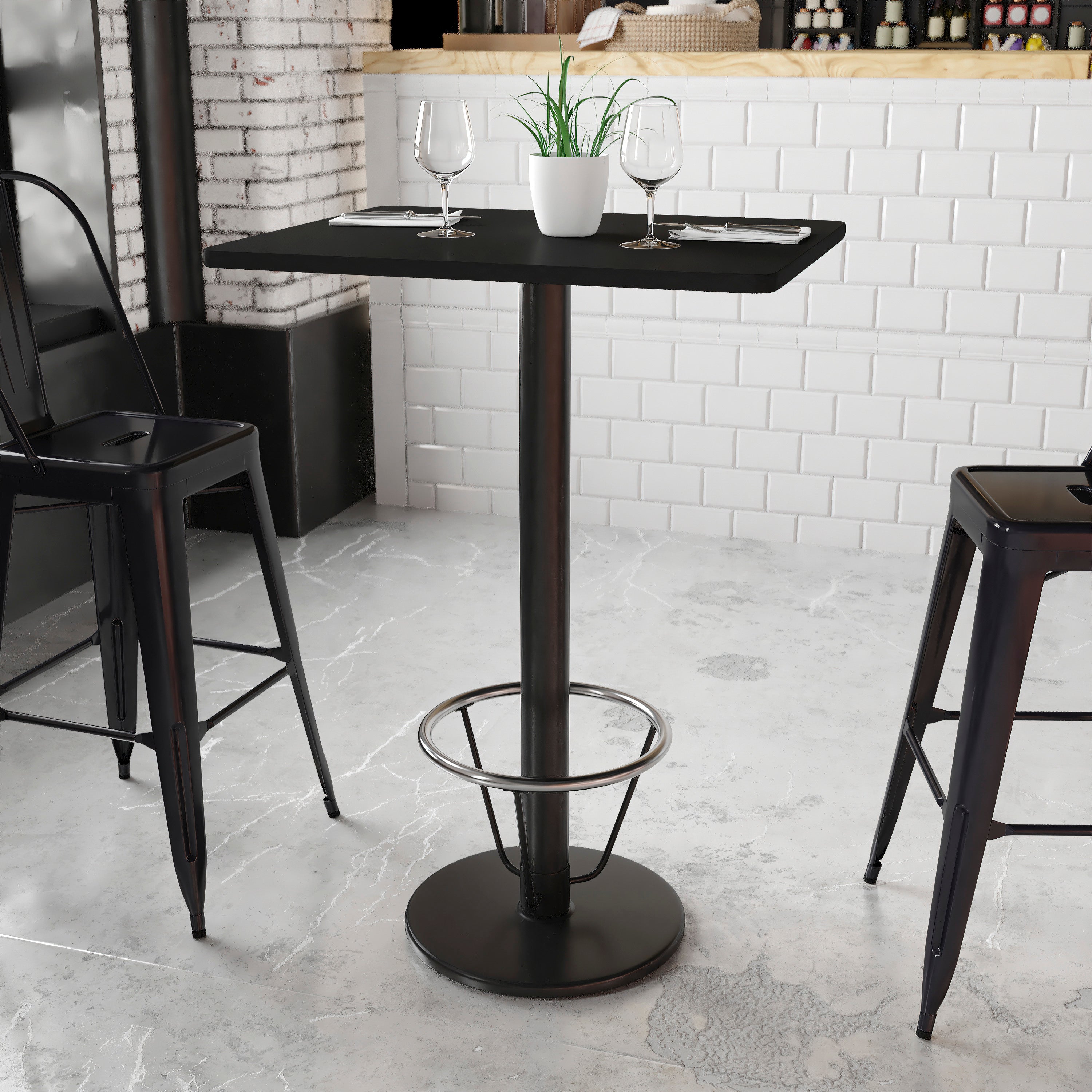 24'' x 30'' Rectangular Laminate Table Top with 18'' Round Bar Height Table Base and Foot Ring-Restaurant Dining Table and Bases - Bar Height-Flash Furniture-Wall2Wall Furnishings