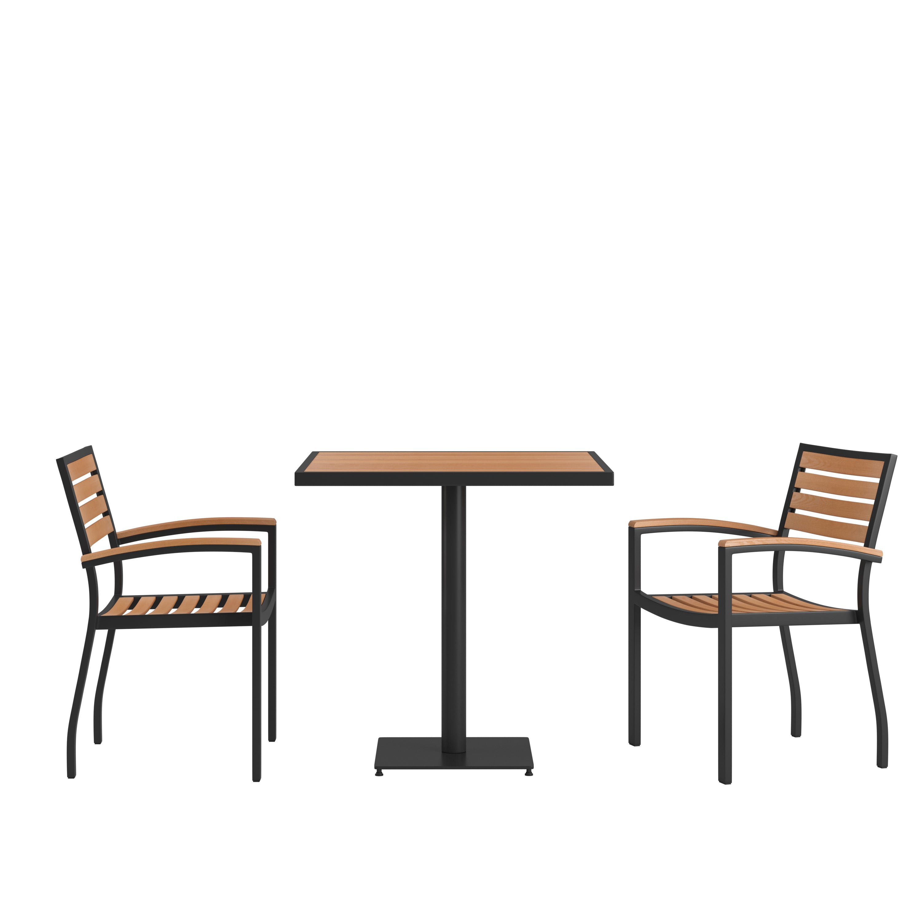 Lark Indoor/Outdoor 3 Piece Patio Dining Table Set with Faux Teak Table & 2 Stacking Club Chairs with Teak Accented Arms-Patio Table and Chair Set-Flash Furniture-Wall2Wall Furnishings