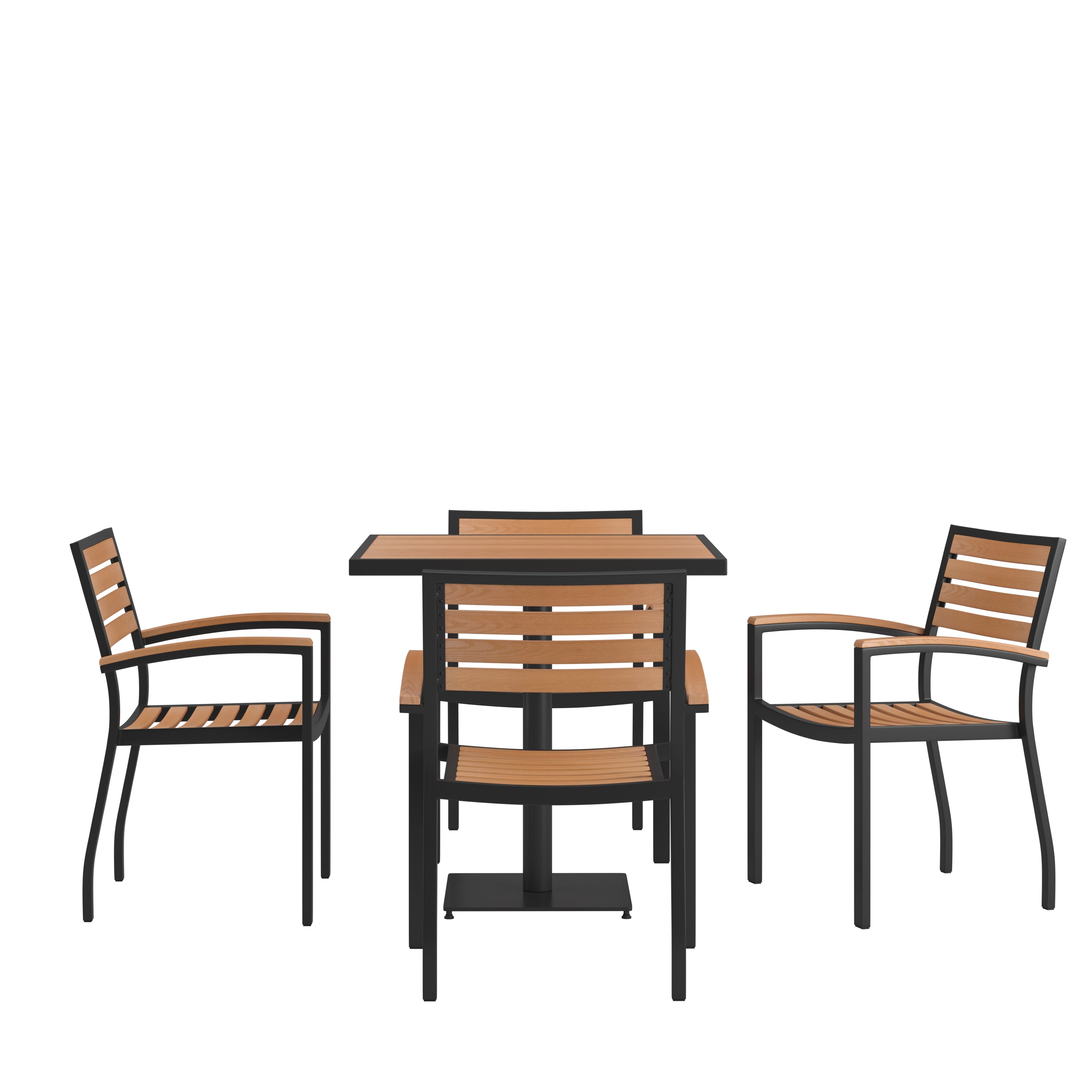 Lark Indoor/Outdoor 5 Piece Patio Dining Table Set with Faux Teak Table & 4 Stacking Club Chairs with Teak Accented Arms-Patio Table and Chair Set-Flash Furniture-Wall2Wall Furnishings