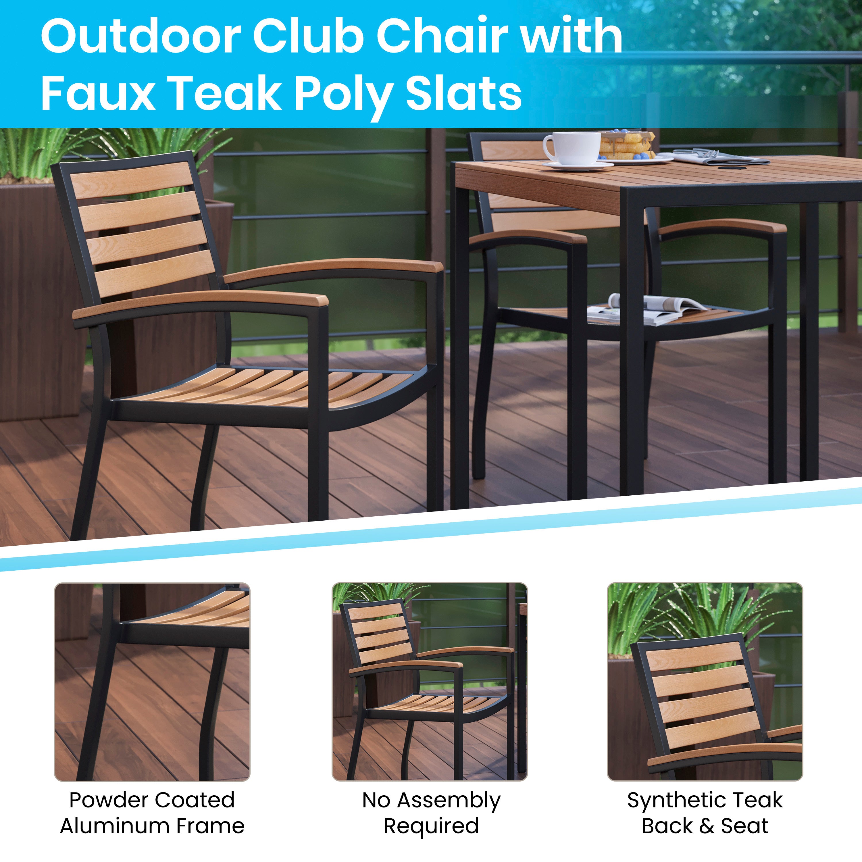 Lark Indoor/Outdoor 5 Piece Patio Dining Table Set with Faux Teak Table & 4 Stacking Club Chairs with Teak Accented Arms-Patio Table and Chair Set-Flash Furniture-Wall2Wall Furnishings