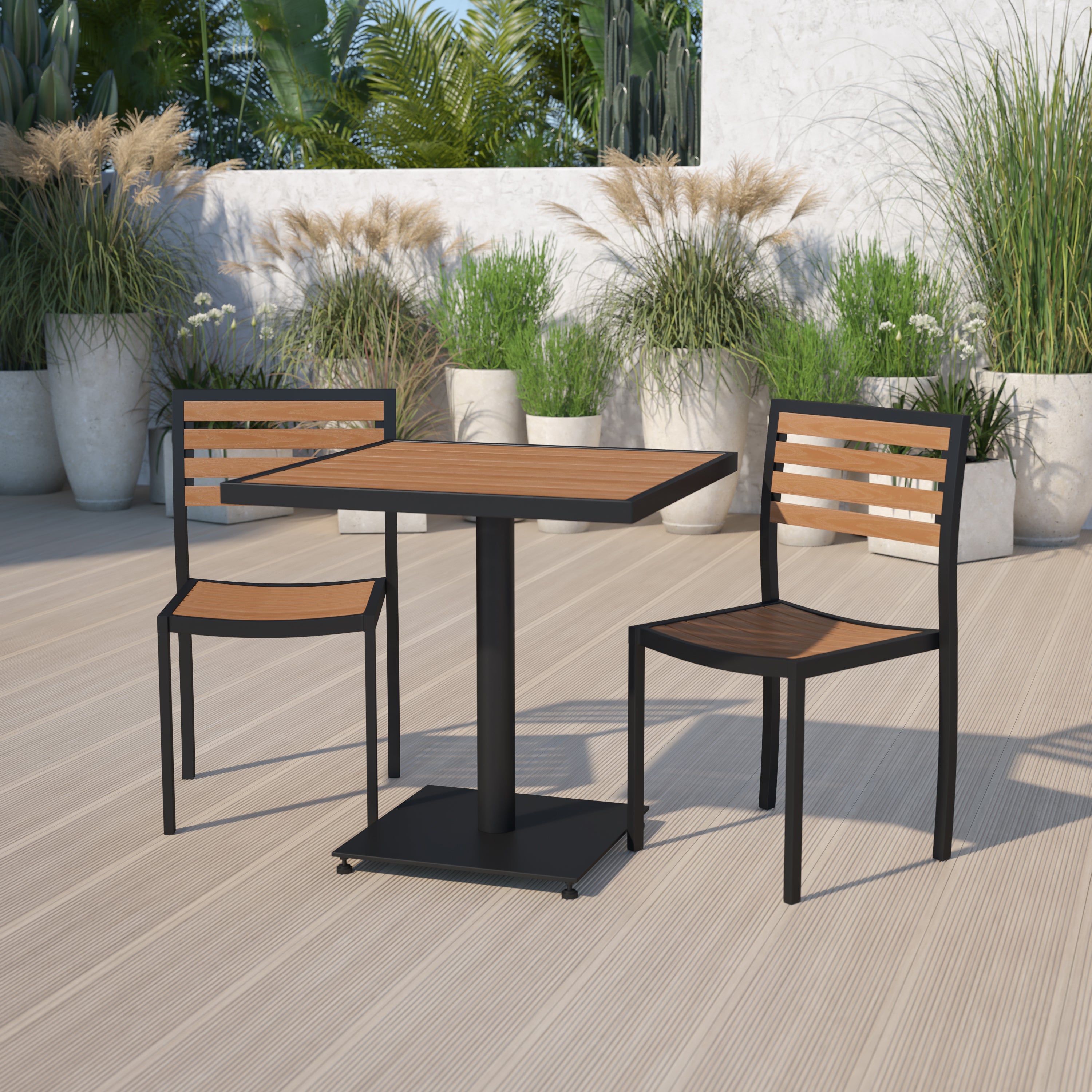 Lark Outdoor Patio Bistro Dining Table Set with 2 Chairs and Faux Teak Poly Slats-Patio Table and Chair Set-Flash Furniture-Wall2Wall Furnishings