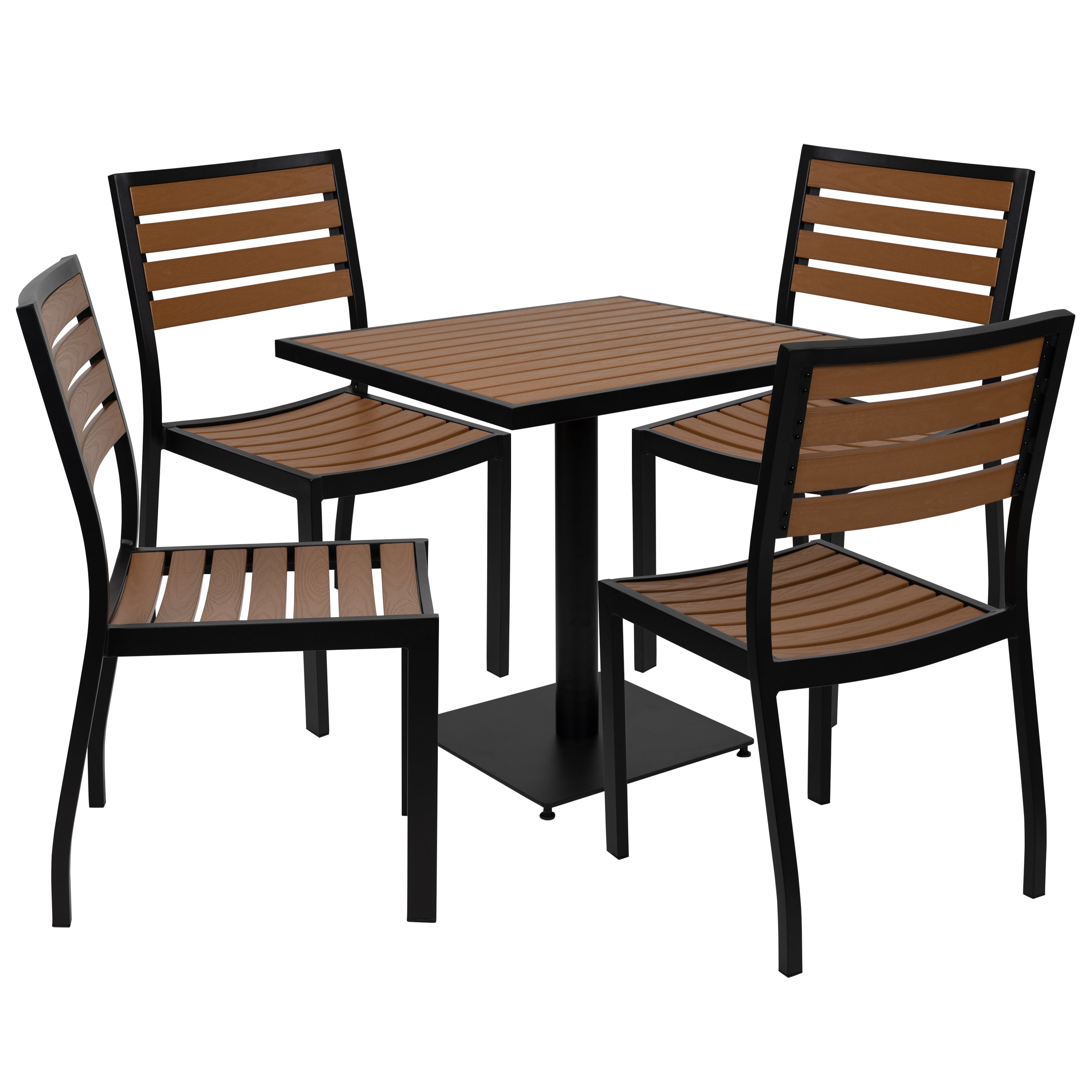 Lark Outdoor Patio Bistro Dining Table Set with 4 Chairs and Faux Teak Poly Slats-Patio Table and Chair Set-Flash Furniture-Wall2Wall Furnishings