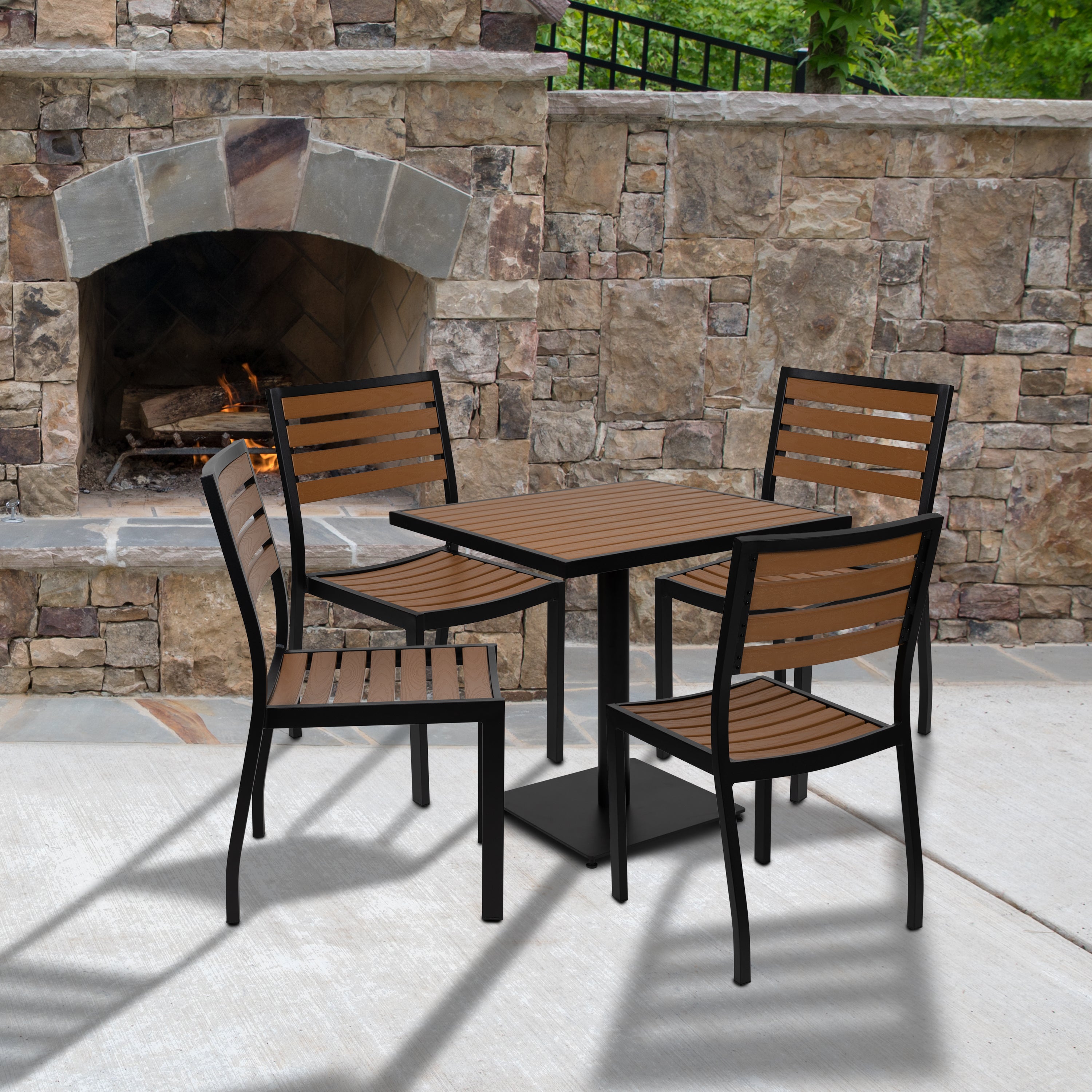 Lark Outdoor Patio Bistro Dining Table Set with 4 Chairs and Faux Teak Poly Slats-Patio Table and Chair Set-Flash Furniture-Wall2Wall Furnishings