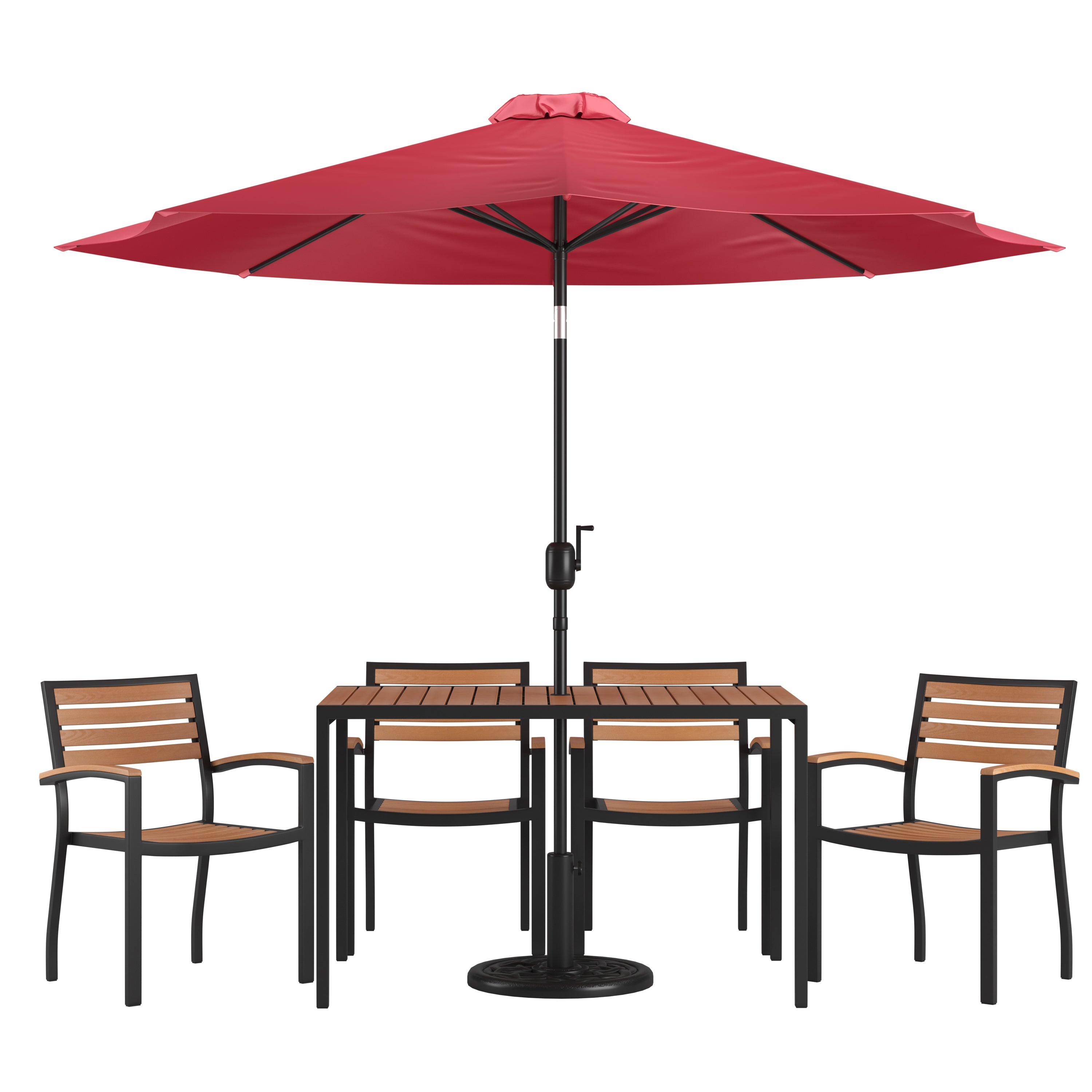 Lark 7 Piece Outdoor Patio Dining Table Set with 4 Synthetic Teak Stackable Chairs, Lark 30" x 48" Table & Umbrella with Base-Patio Table and Chair Set-Flash Furniture-Wall2Wall Furnishings