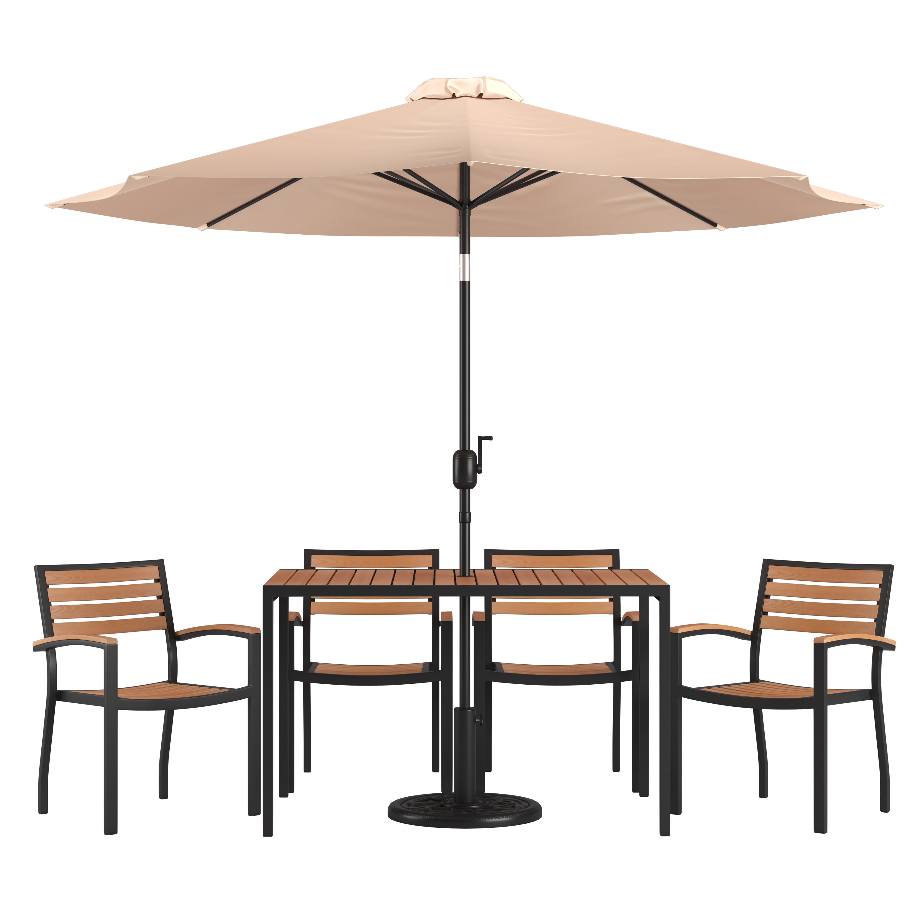 Lark 7 Piece Outdoor Patio Dining Table Set with 4 Synthetic Teak Stackable Chairs, Lark 30" x 48" Table & Umbrella with Base-Patio Table and Chair Set-Flash Furniture-Wall2Wall Furnishings