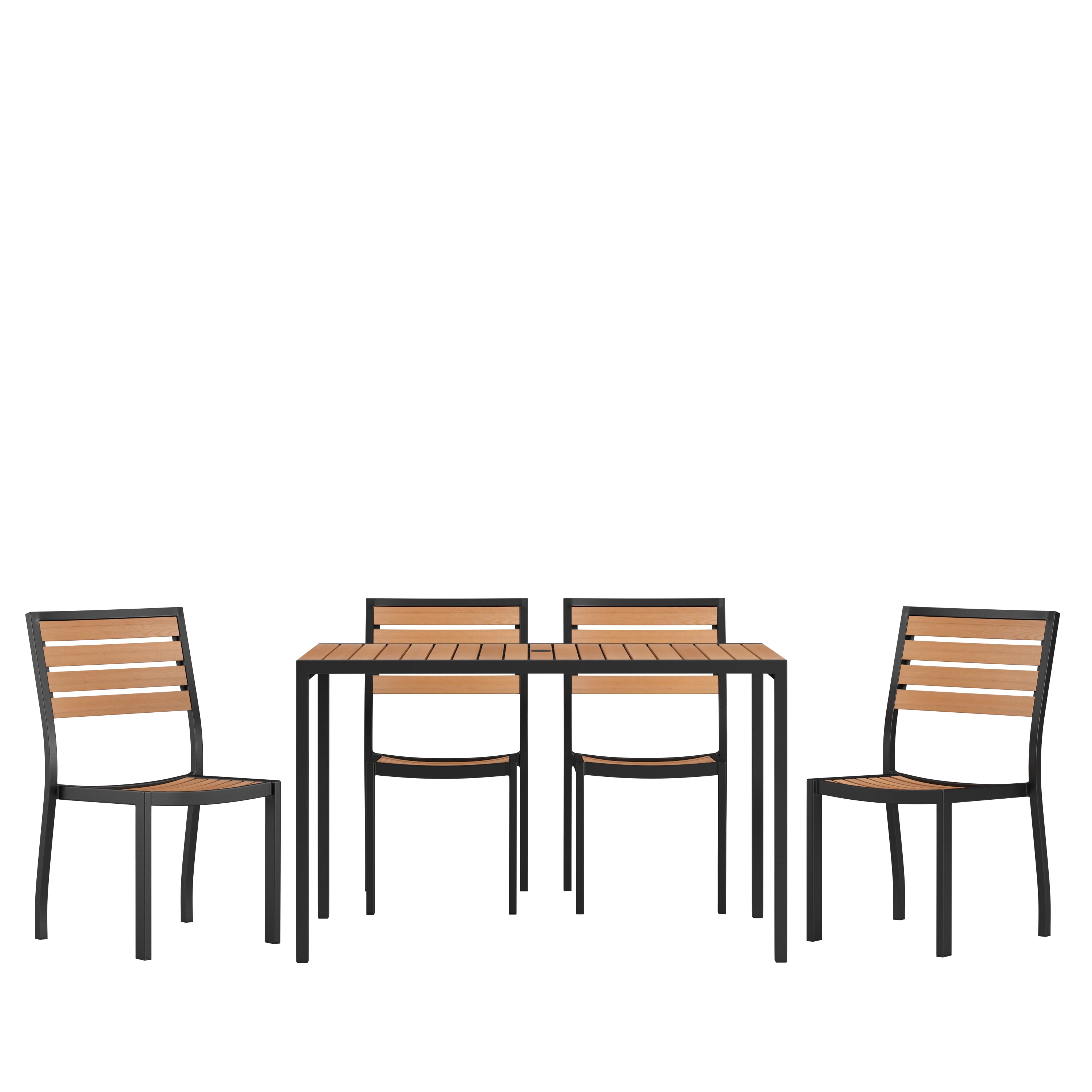 Lark 5 Piece Patio Table Set - Synthetic Teak Poly Slats - Lark 30" x 48" Steel Framed Table with 4 Stackable Faux Teak Chairs-Patio Table and Chair Set-Flash Furniture-Wall2Wall Furnishings
