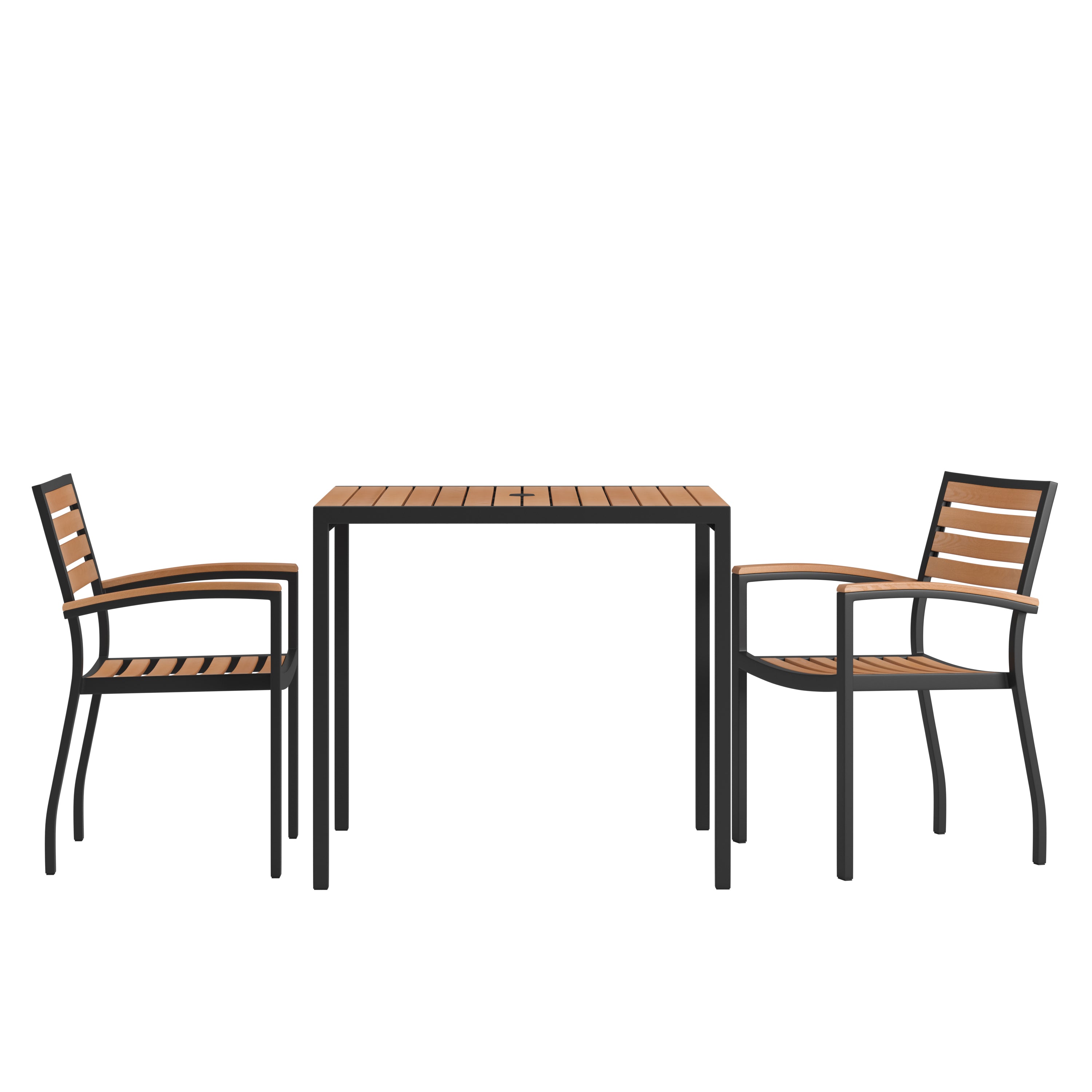 Lark 3 Piece Outdoor Dining Table Set - Synthetic Teak Poly Slats - Lark 3Lark 5" Square Steel Framed Table with Umbrella Hole - 2 Club Chairs-Patio Table and Chair Set-Flash Furniture-Wall2Wall Furnishings