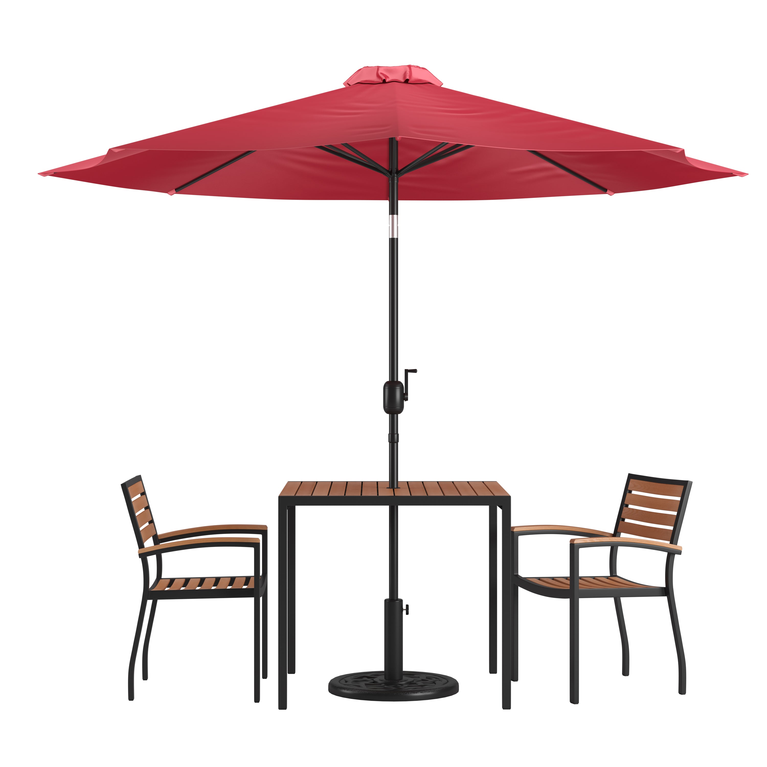 Lark 5 Piece Outdoor Patio Table Set with 2 Synthetic Teak Stackable Chairs, Lark 3Lark 5" Square Table & Umbrella with Base-Patio Table and Chair Set-Flash Furniture-Wall2Wall Furnishings