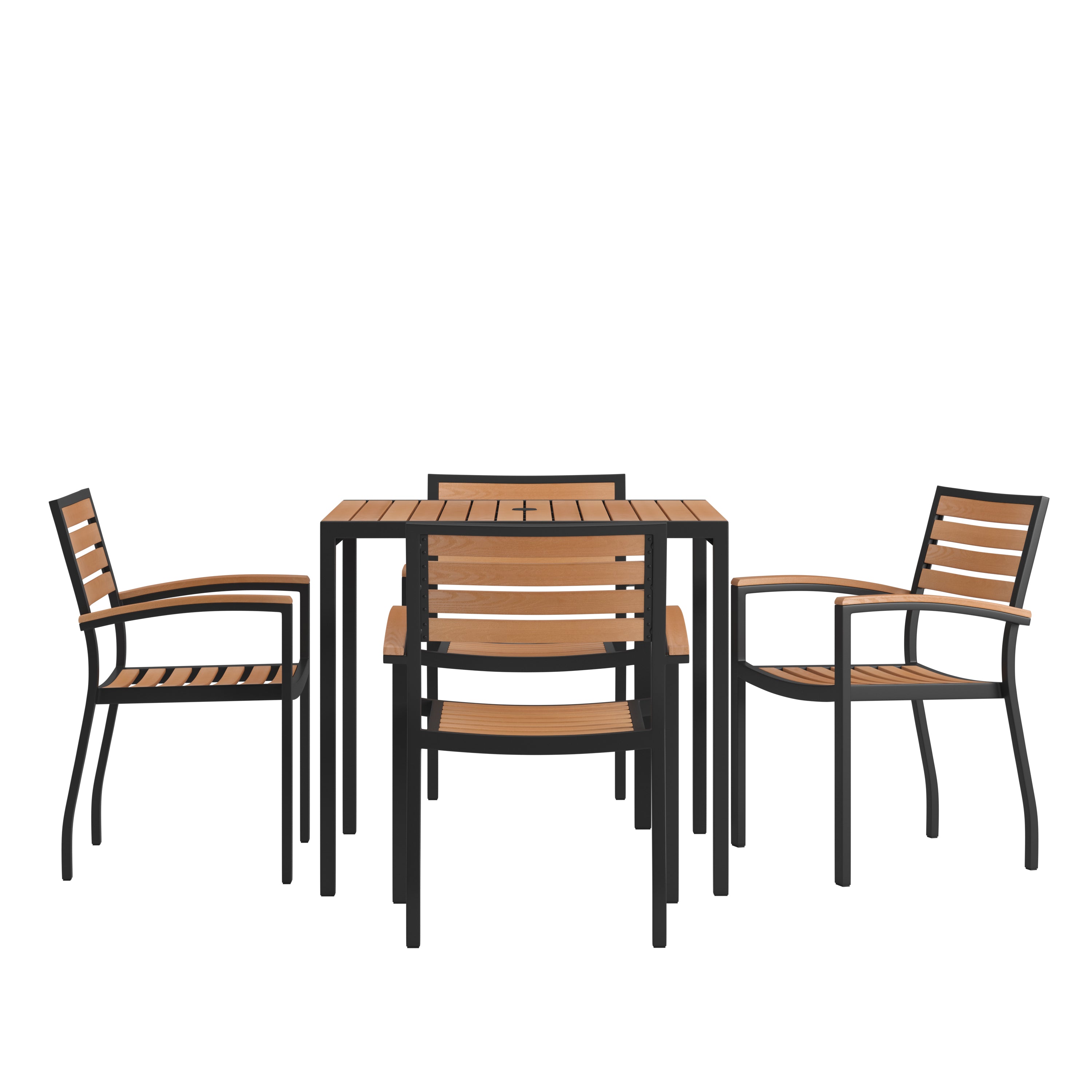 Lark 5 Piece Outdoor Dining Table Set - Synthetic Teak Poly Slats - Lark 3Lark 5" Square Steel Framed Table with Umbrella Hole - 4 Club Chairs-Patio Table and Chair Set-Flash Furniture-Wall2Wall Furnishings
