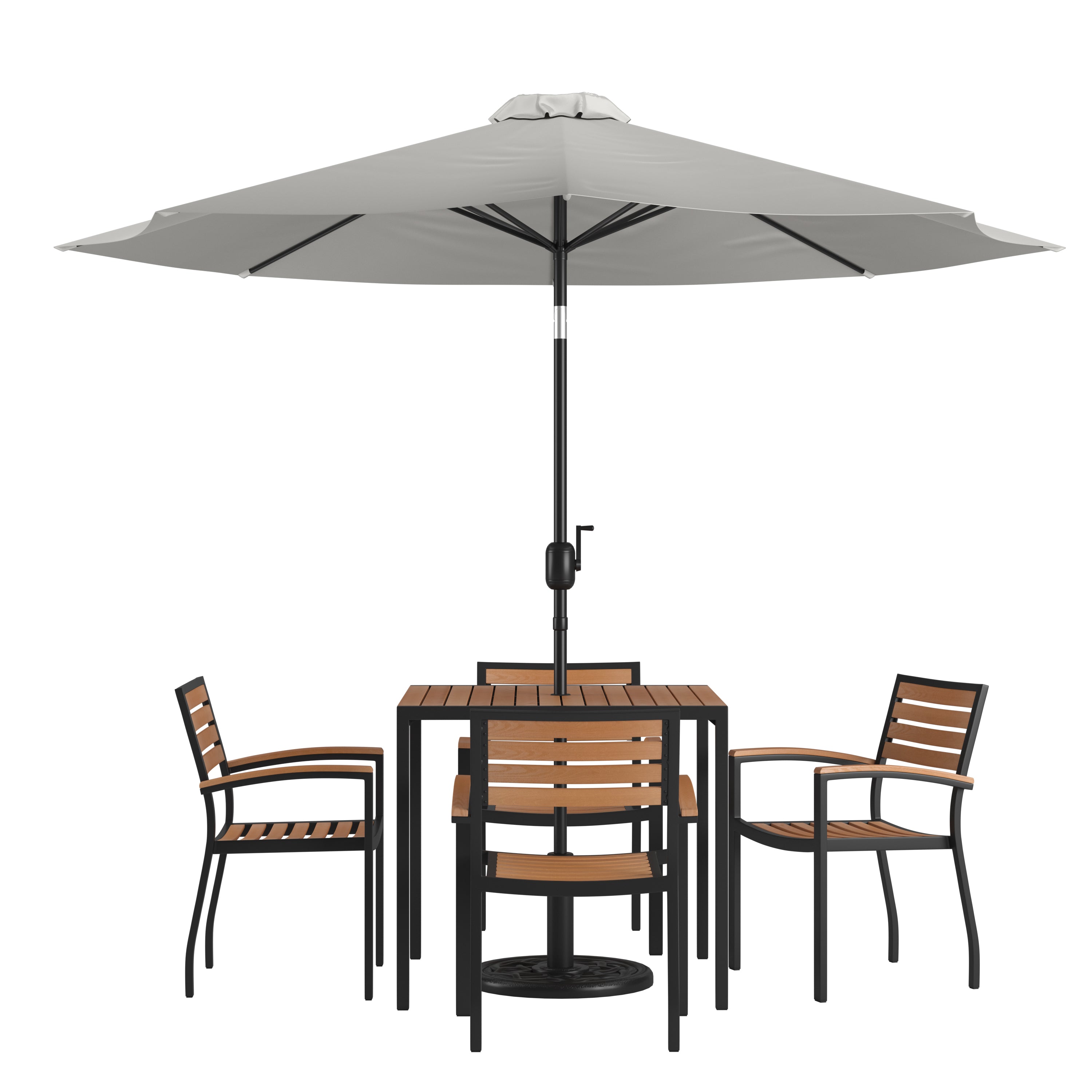 Lark 7 Piece Outdoor Patio Table Set with 4 Synthetic Teak Stackable Chairs, Lark 3Lark 5" Square Table & Umbrella with Base-Patio Table and Chair Set-Flash Furniture-Wall2Wall Furnishings