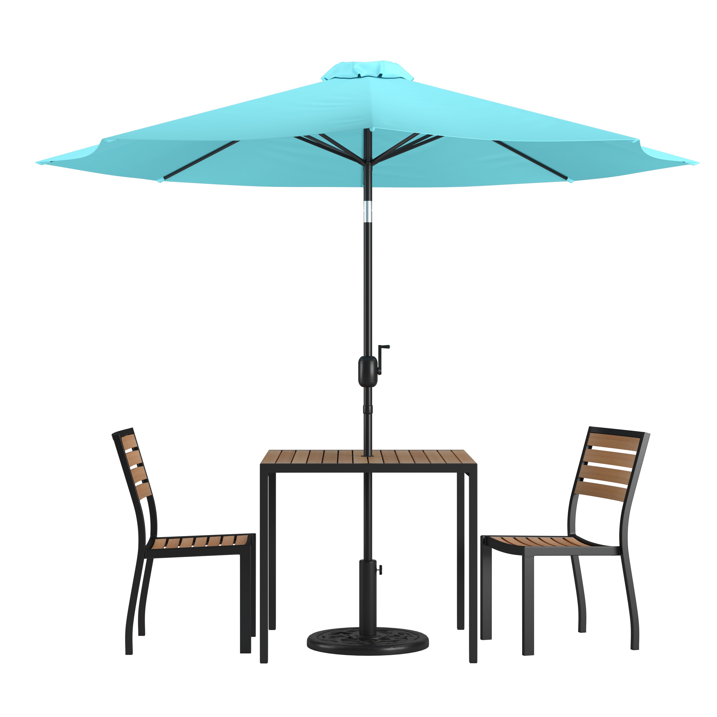 Lark 5 Piece All-Weather Deck or Patio Set with Stacking Faux Teak Chairs, Faux Teak Table & Umbrella with Base-Patio Table and Chair Set-Flash Furniture-Wall2Wall Furnishings