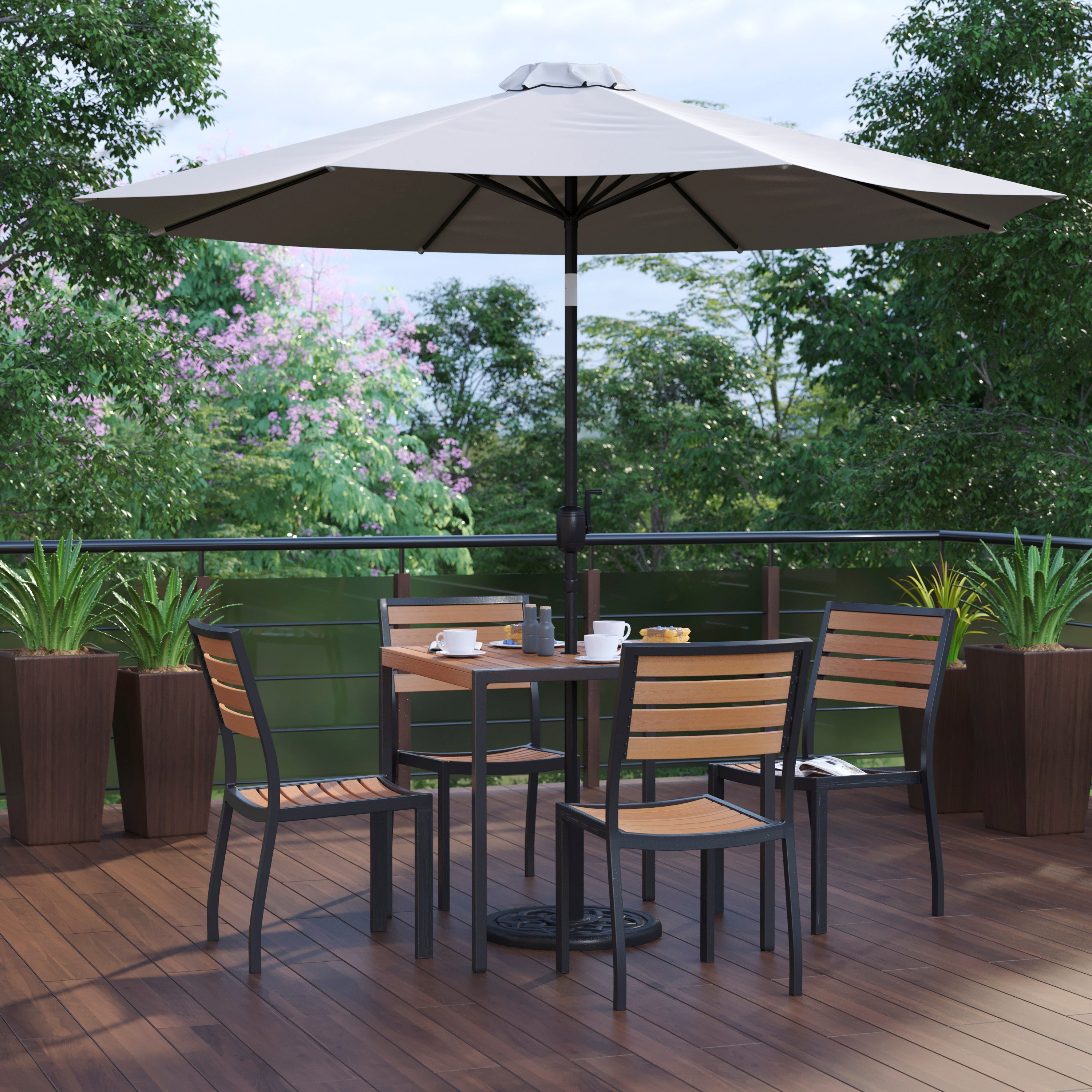 Lark 7 Piece All-Weather Deck or Patio Set with Stacking Faux Teak Chairs, Faux Teak Table & Umbrella with Base-Patio Table and Chair Set-Flash Furniture-Wall2Wall Furnishings