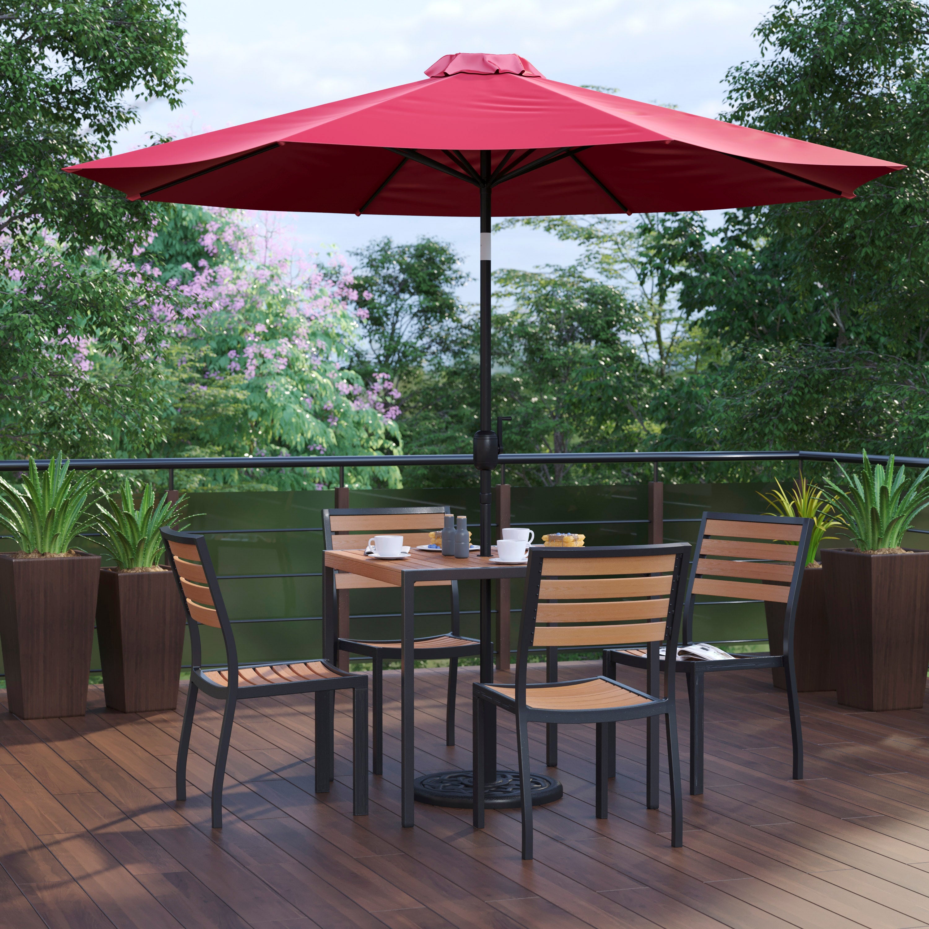Lark 7 Piece All-Weather Deck or Patio Set with Stacking Faux Teak Chairs, Faux Teak Table & Umbrella with Base-Patio Table and Chair Set-Flash Furniture-Wall2Wall Furnishings
