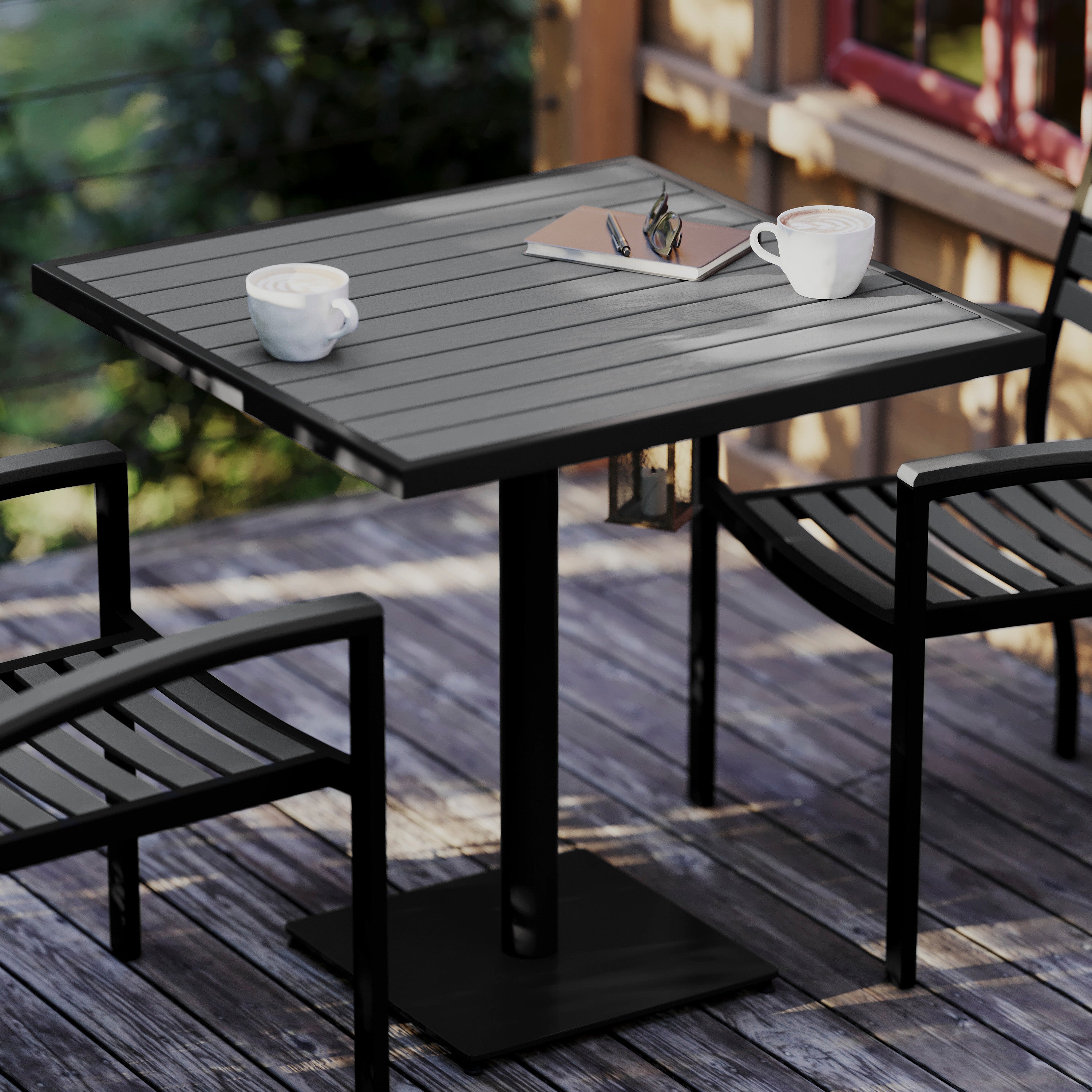 Outdoor Patio Bistro Dining Table with Faux Teak Poly Slats-Patio Table-Flash Furniture-Wall2Wall Furnishings