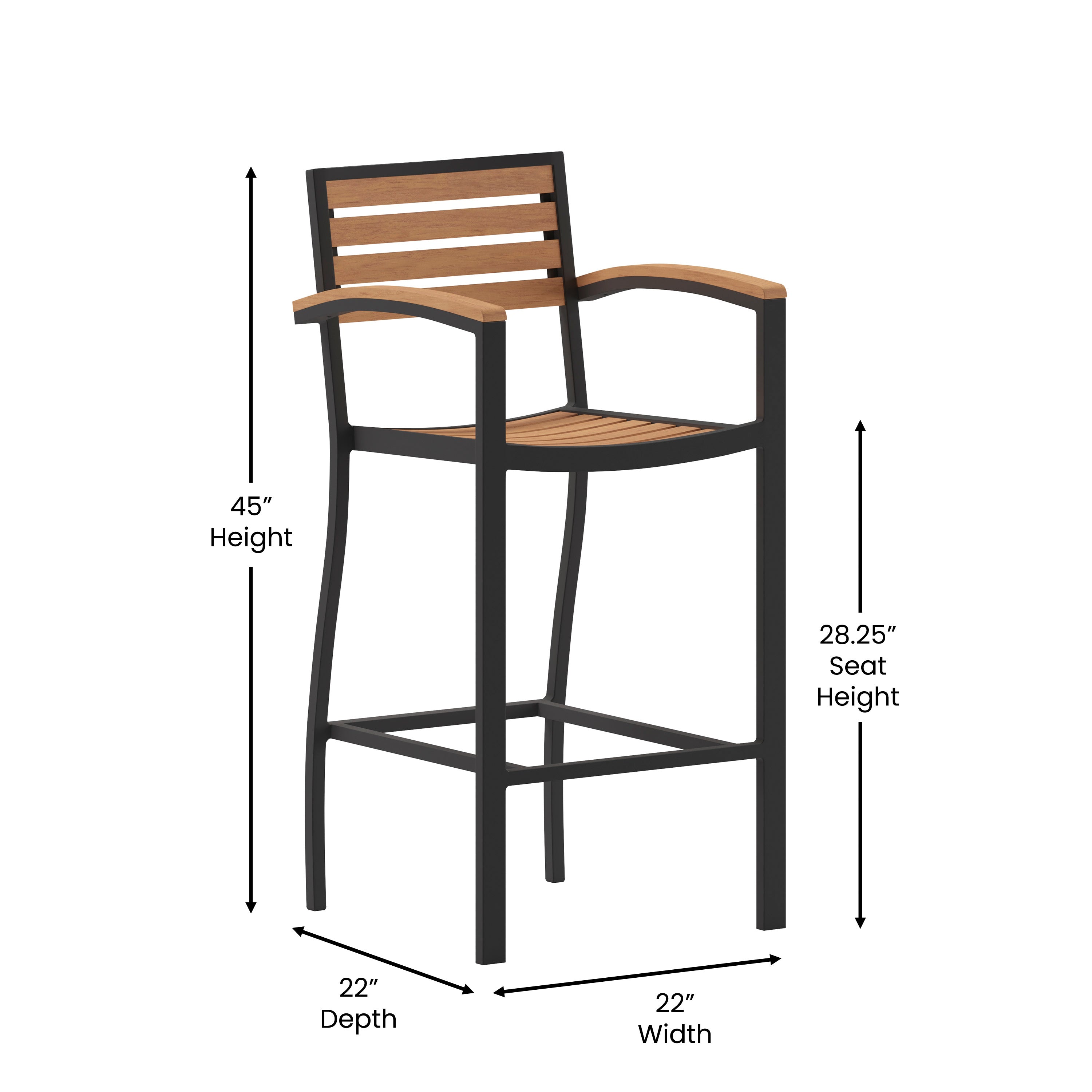 Lark Commercial Grade Bar Height Stool with Arms, All-Weather Outdoor Bar Stool with Faux Wood Poly Resin Slats and Aluminum Frame-Patio Barstool-Flash Furniture-Wall2Wall Furnishings
