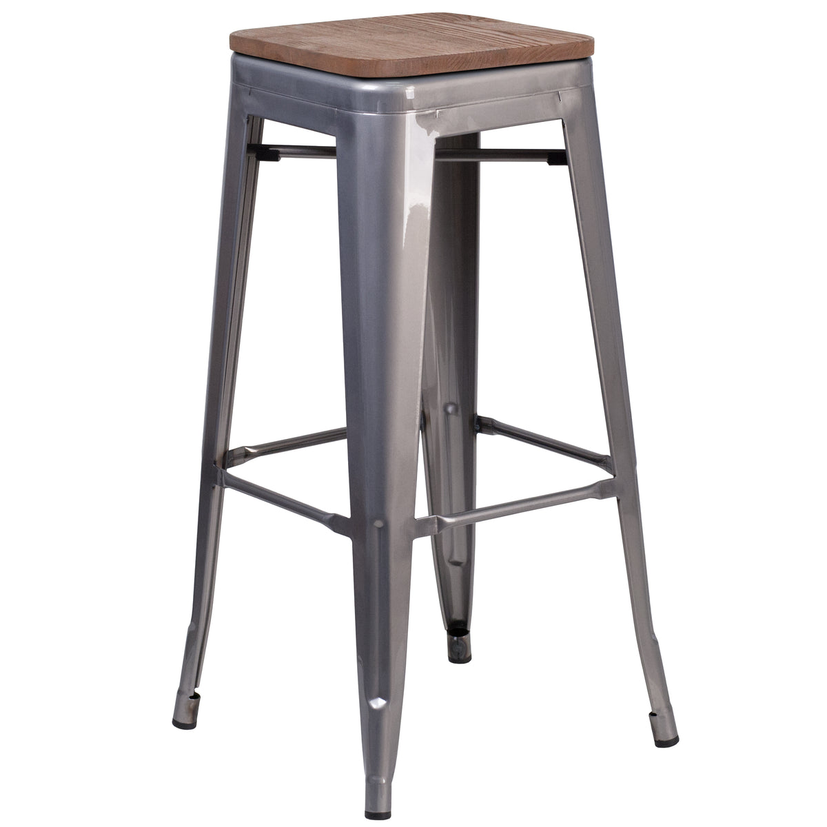 30" High Backless Metal Barstool with Square Wood Seat