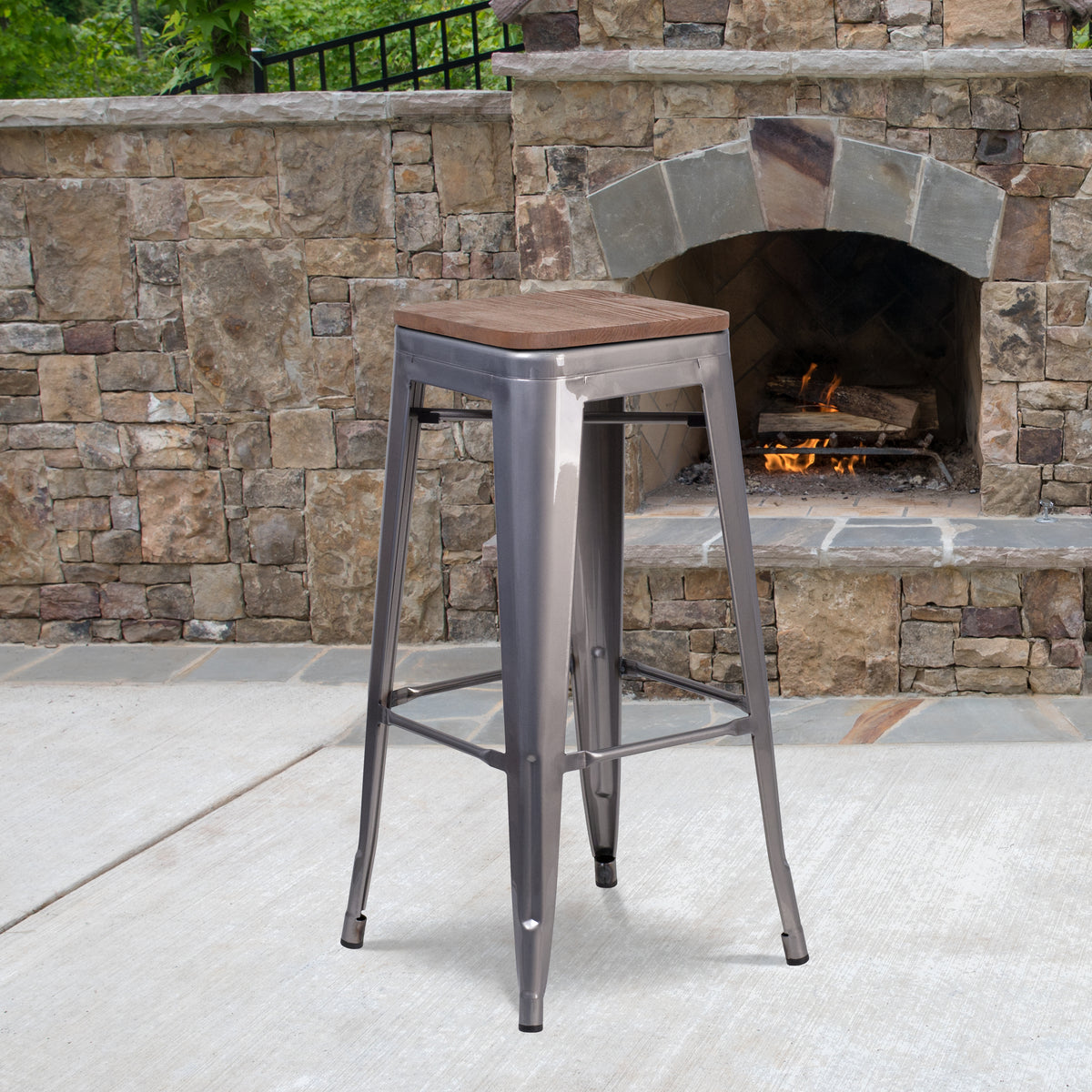 30" High Backless Metal Barstool with Square Wood Seat