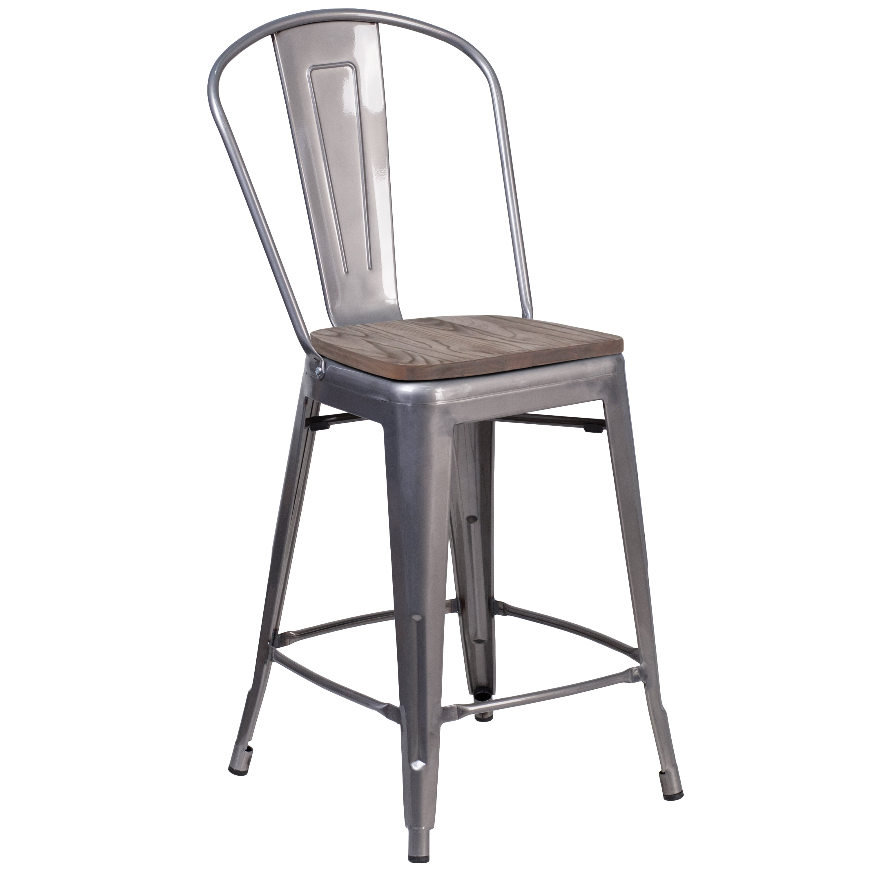 24" High Counter Height Stool with Back and Wood Seat-Metal/ Colorful Restaurant Counter Stool-Flash Furniture-Wall2Wall Furnishings