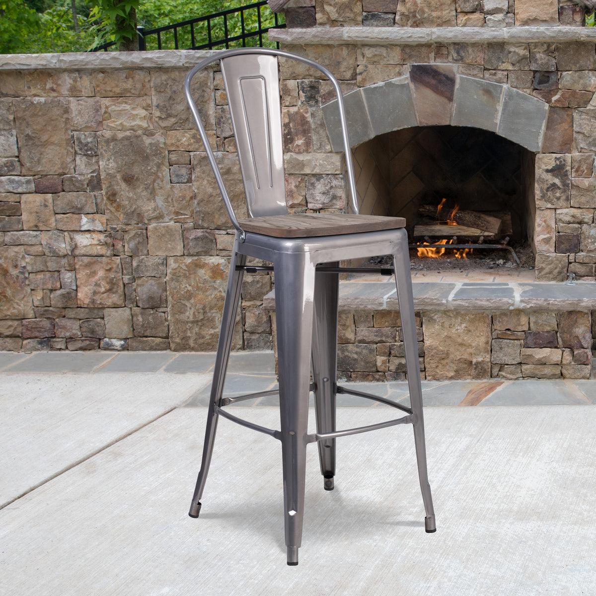 30" High Barstool with Back and Wood Seat