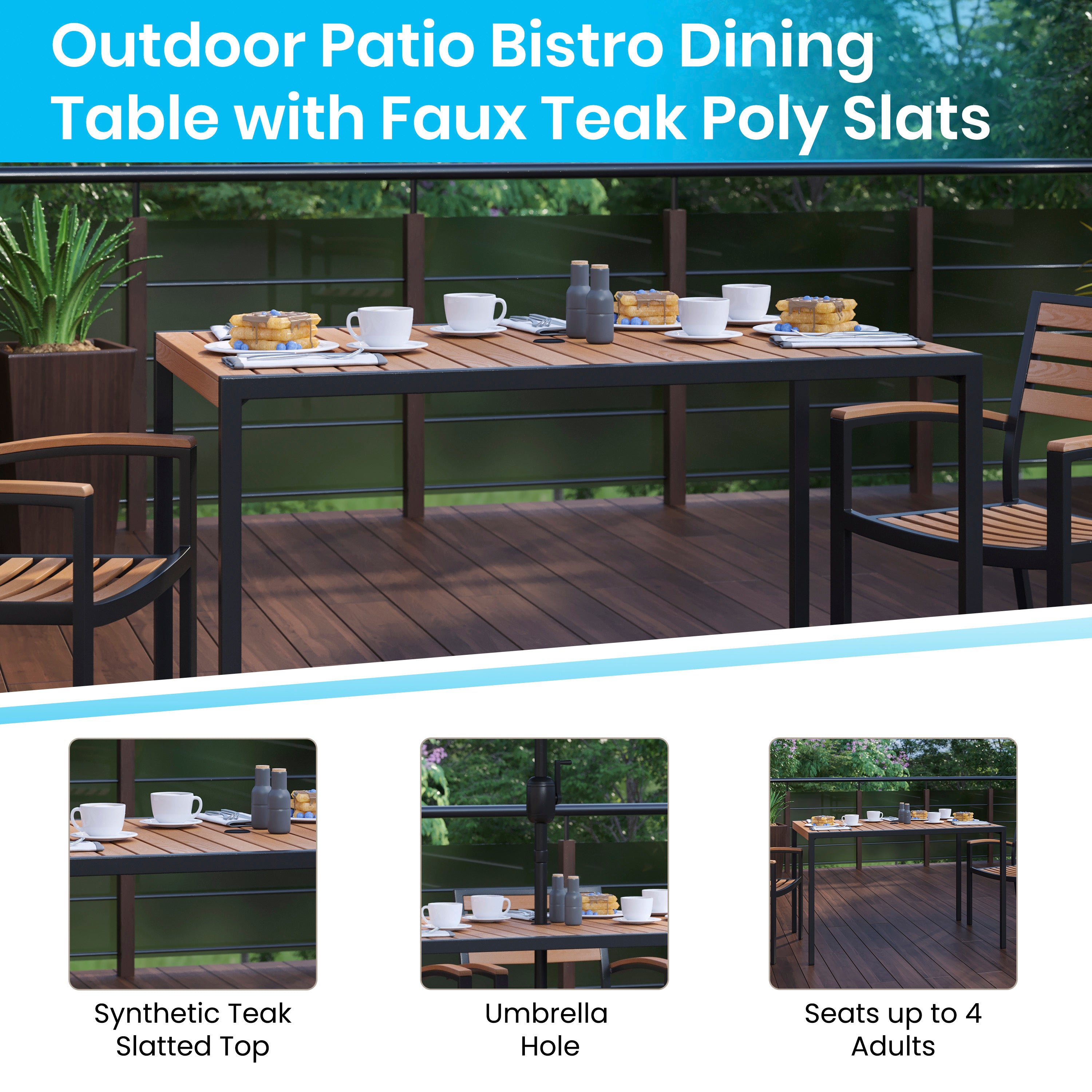 Outdoor Dining Table with Synthetic Teak Poly Slats - Steel Framed Restaurant Table with Umbrella Holder Hole-Patio Table-Flash Furniture-Wall2Wall Furnishings