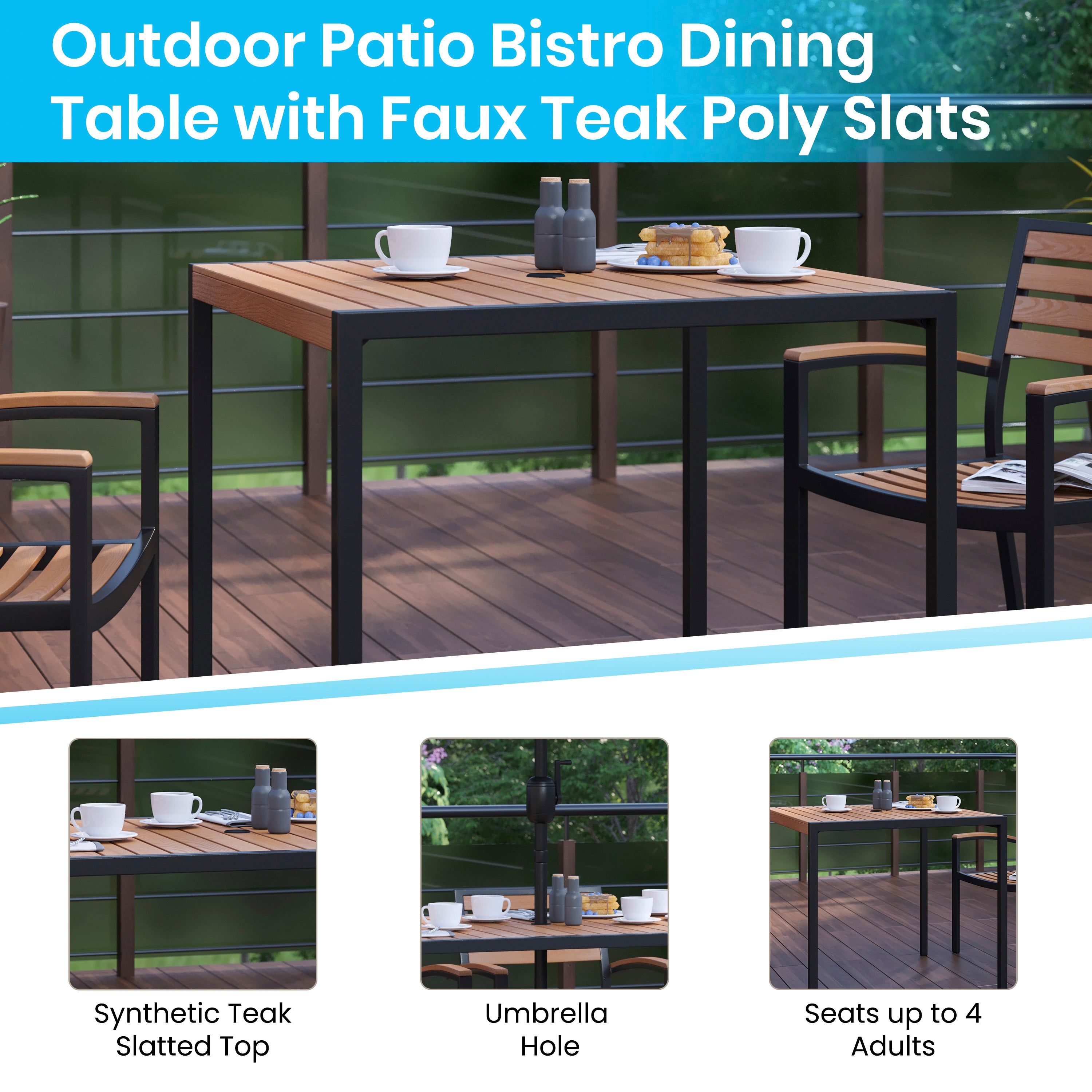 Outdoor Dining Table with Synthetic Teak Poly Slats - Square Steel Framed Restaurant Table with Umbrella Holder Hole-Patio Table-Flash Furniture-Wall2Wall Furnishings