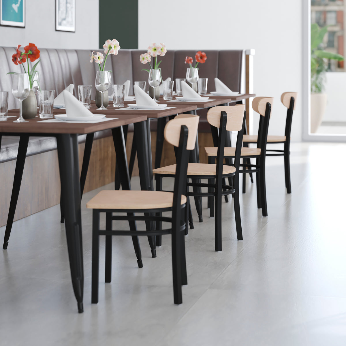 Wright Commercial Grade Dining Chair with 500 LB. Capacity Steel Frame, Solid Wood Seat, and Boomerang Back