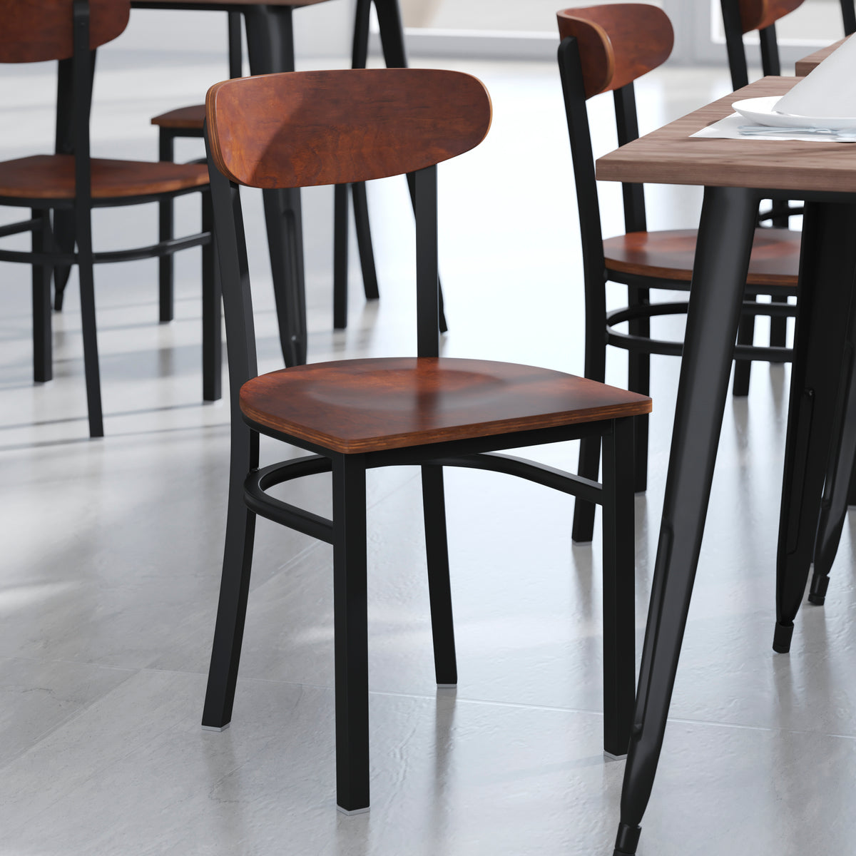 Wright Commercial Grade Dining Chair with 500 LB. Capacity Steel Frame, Solid Wood Seat, and Boomerang Back
