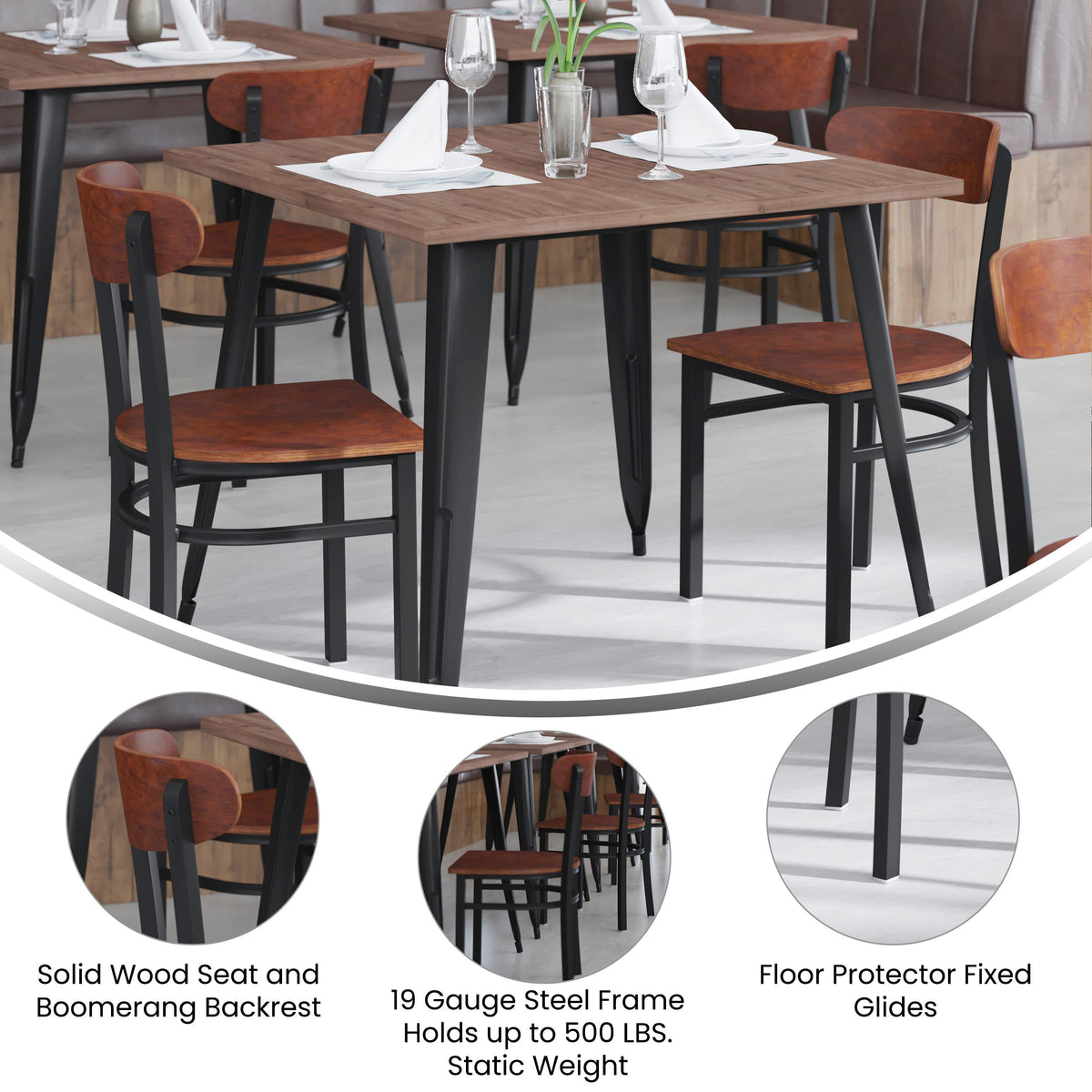 Wright Commercial Grade Dining Chair with 500 LB. Capacity Steel Frame, Solid Wood Seat, and Boomerang Back