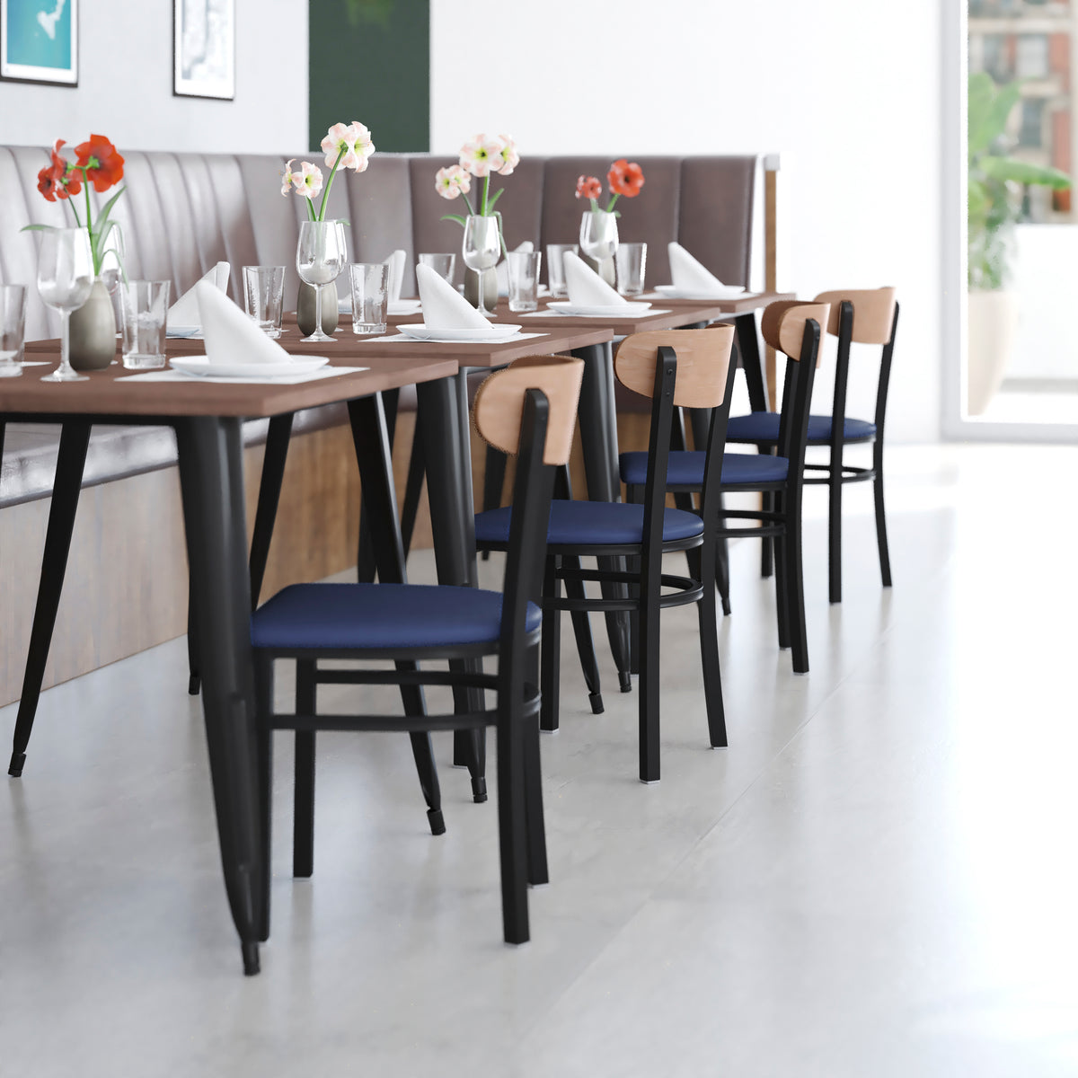 Wright Commercial Grade Dining Chair with 500 LB. Capacity Steel Frame, Solid Wood Seat, and Boomerang Back