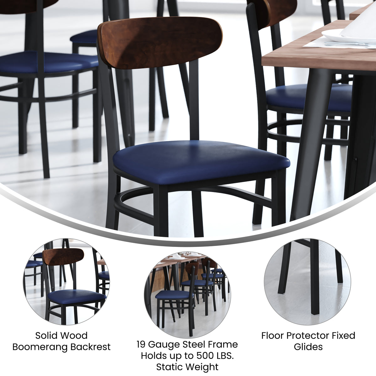 Wright Commercial Grade Dining Chair with 500 LB. Capacity Steel Frame, Solid Wood Seat, and Boomerang Back