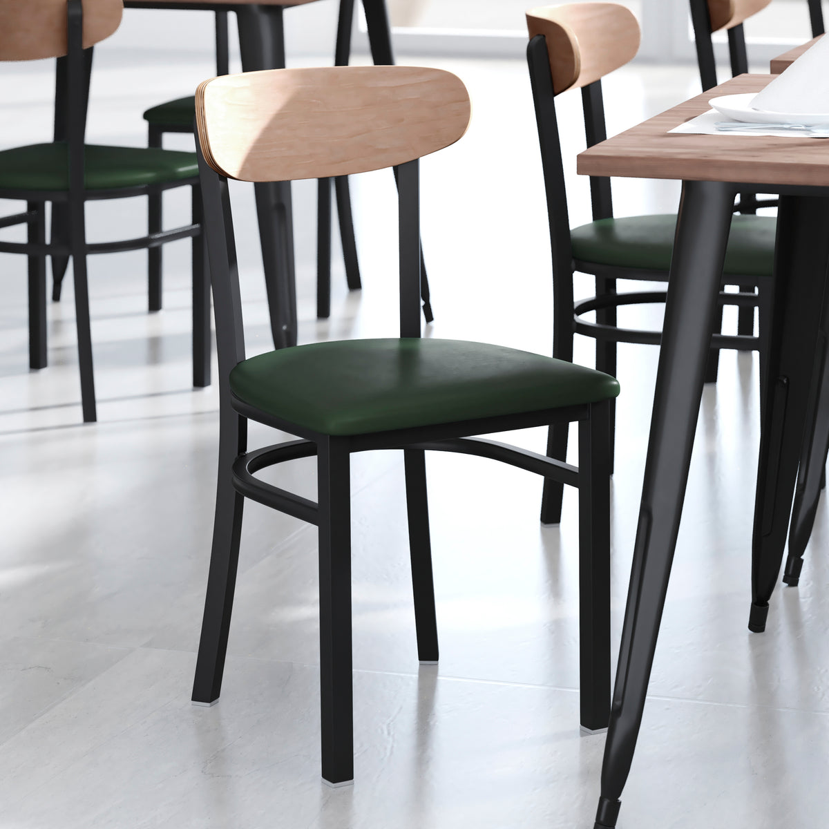 Wright Commercial Grade Dining Chair with 500 LB. Capacity Steel Frame, Solid Wood Seat, and Boomerang Back