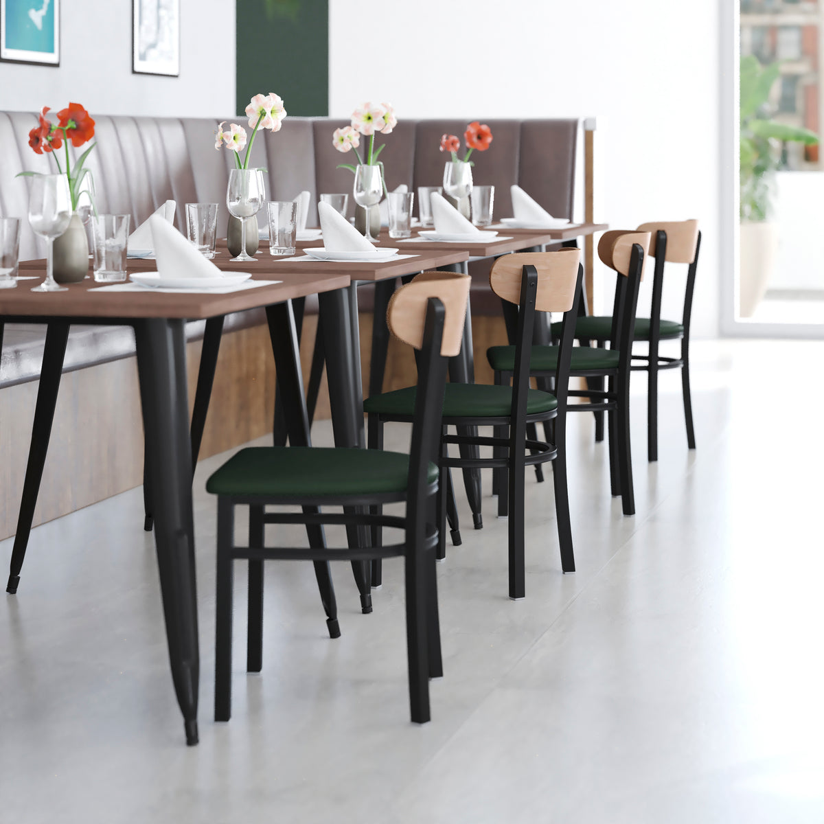 Wright Commercial Grade Dining Chair with 500 LB. Capacity Steel Frame, Solid Wood Seat, and Boomerang Back