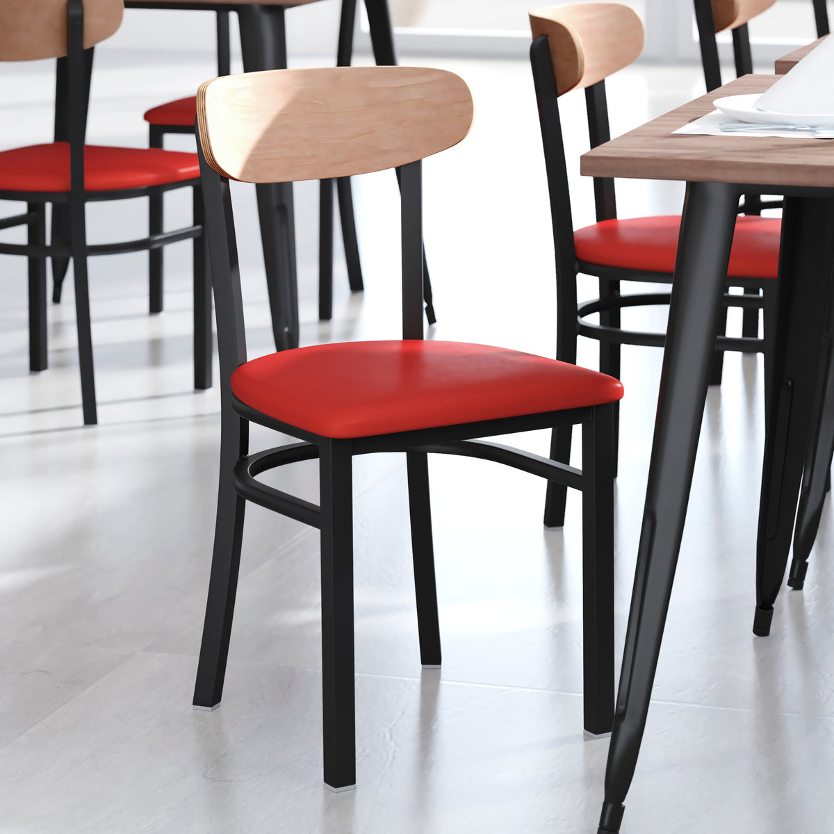 Wright Commercial Grade Dining Chair with 500 LB. Capacity Steel Frame, Solid Wood Seat, and Boomerang Back