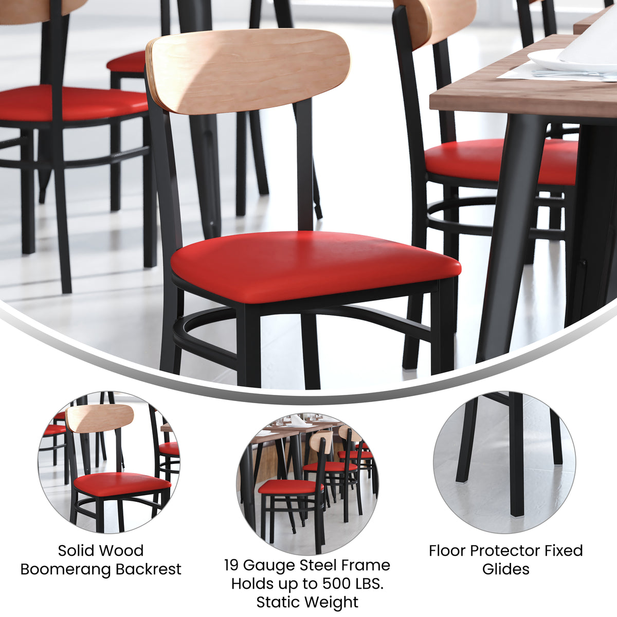 Wright Commercial Grade Dining Chair with 500 LB. Capacity Steel Frame, Solid Wood Seat, and Boomerang Back