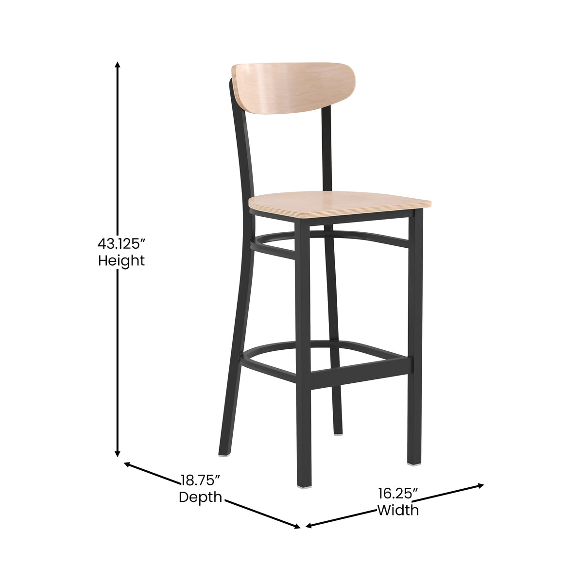Wright Commercial Grade Barstool with 500 LB. Capacity Steel Frame, Solid Wood Seat, and Boomerang Back
