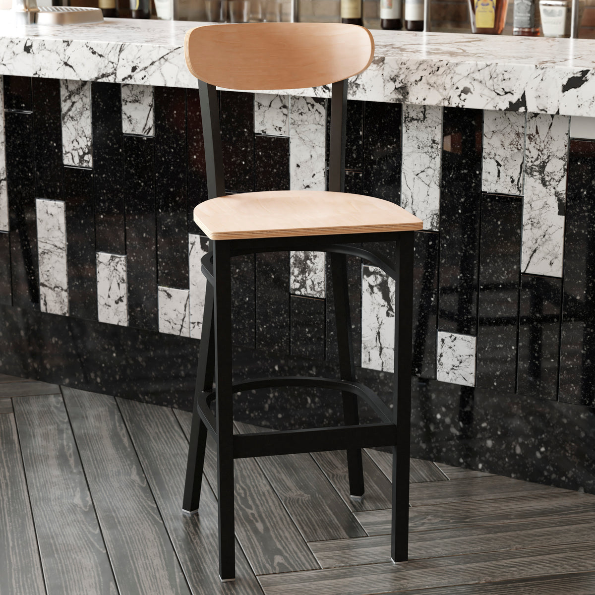 Wright Commercial Grade Barstool with 500 LB. Capacity Steel Frame, Solid Wood Seat, and Boomerang Back