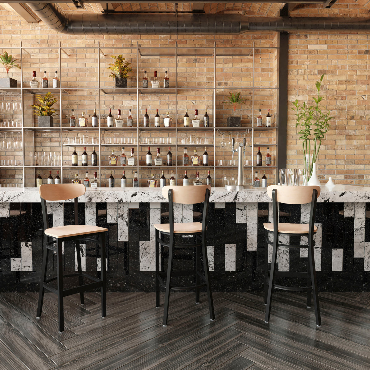 Wright Commercial Grade Barstool with 500 LB. Capacity Steel Frame, Solid Wood Seat, and Boomerang Back
