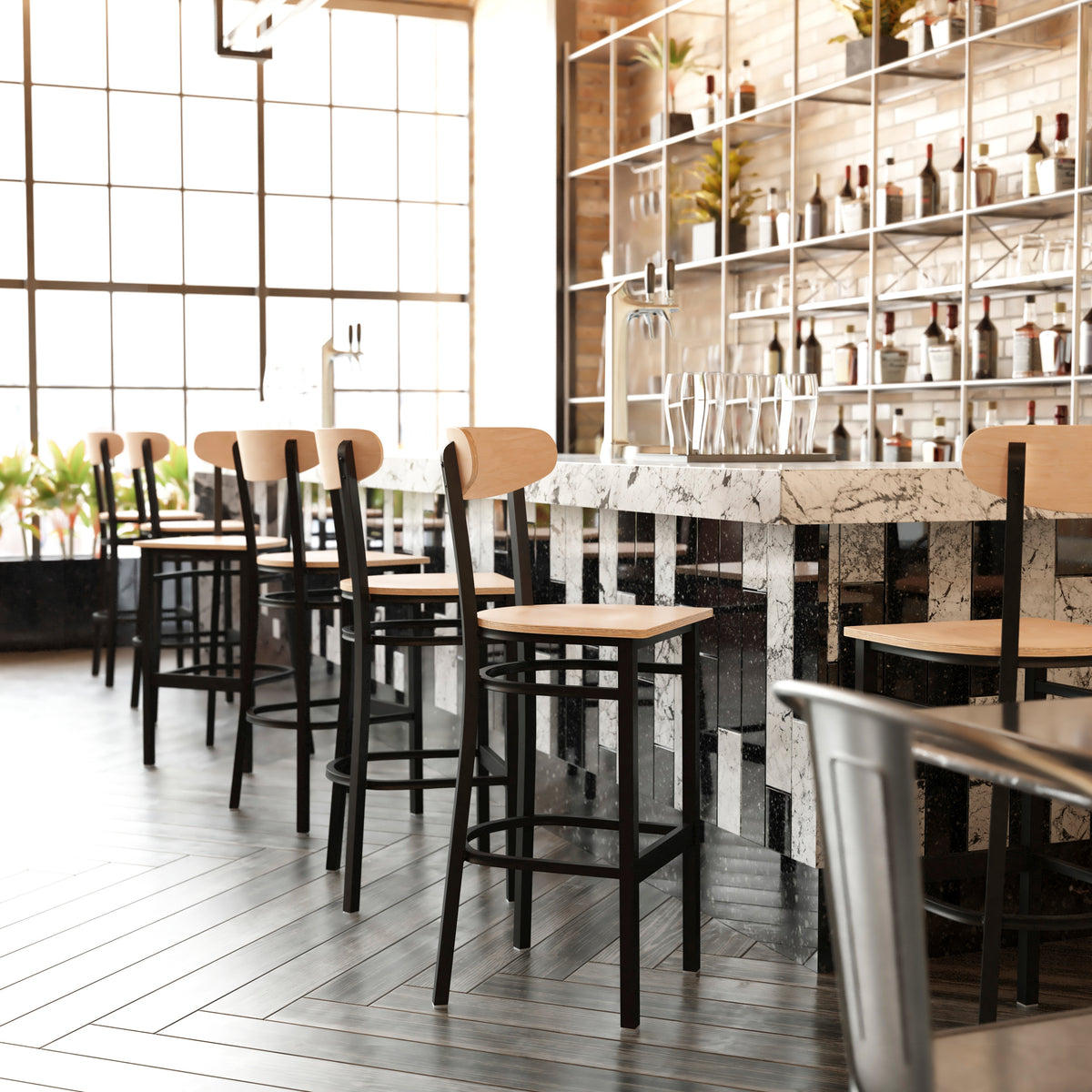 Wright Commercial Grade Barstool with 500 LB. Capacity Steel Frame, Solid Wood Seat, and Boomerang Back