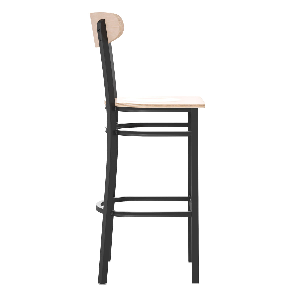 Wright Commercial Grade Barstool with 500 LB. Capacity Steel Frame, Solid Wood Seat, and Boomerang Back