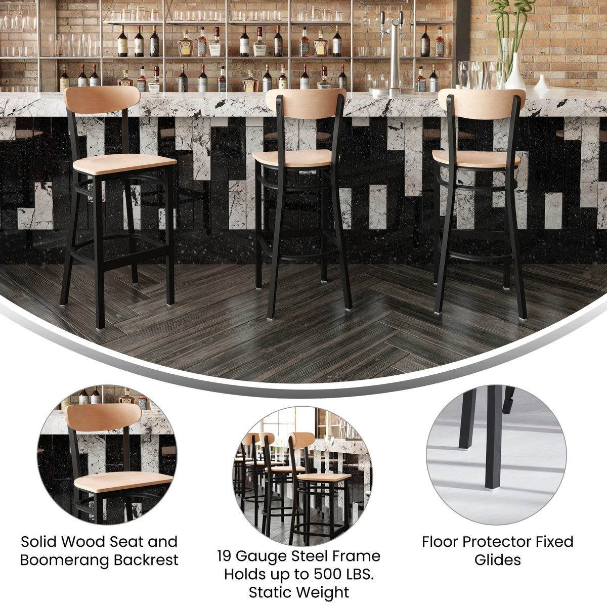 Wright Commercial Grade Barstool with 500 LB. Capacity Steel Frame, Solid Wood Seat, and Boomerang Back