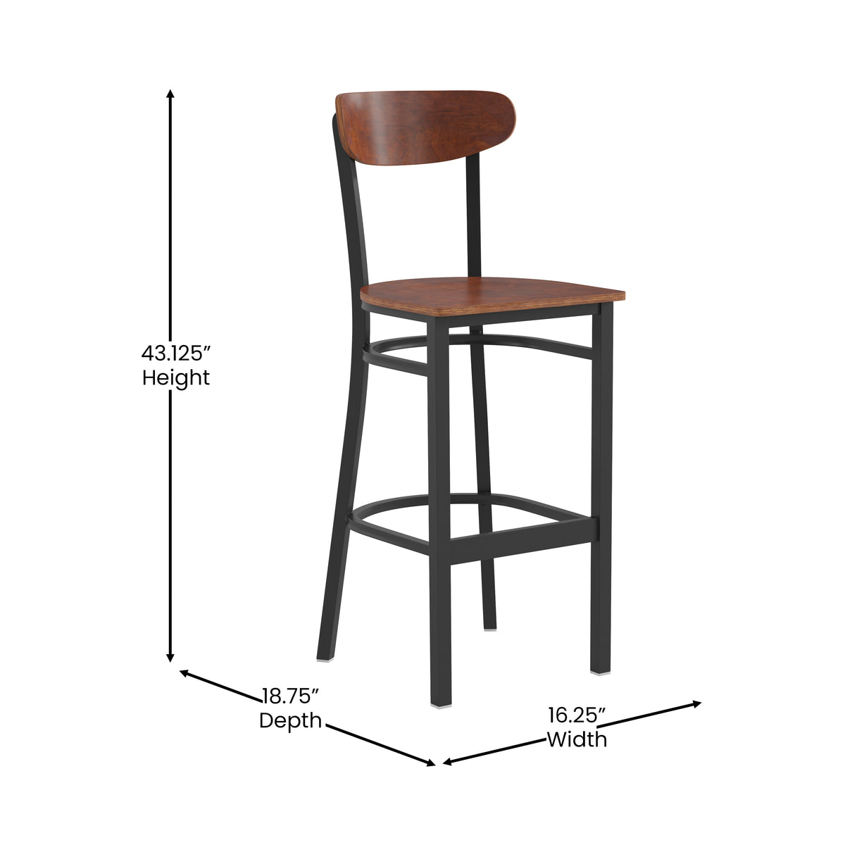 Wright Commercial Grade Barstool with 500 LB. Capacity Steel Frame, Solid Wood Seat, and Boomerang Back