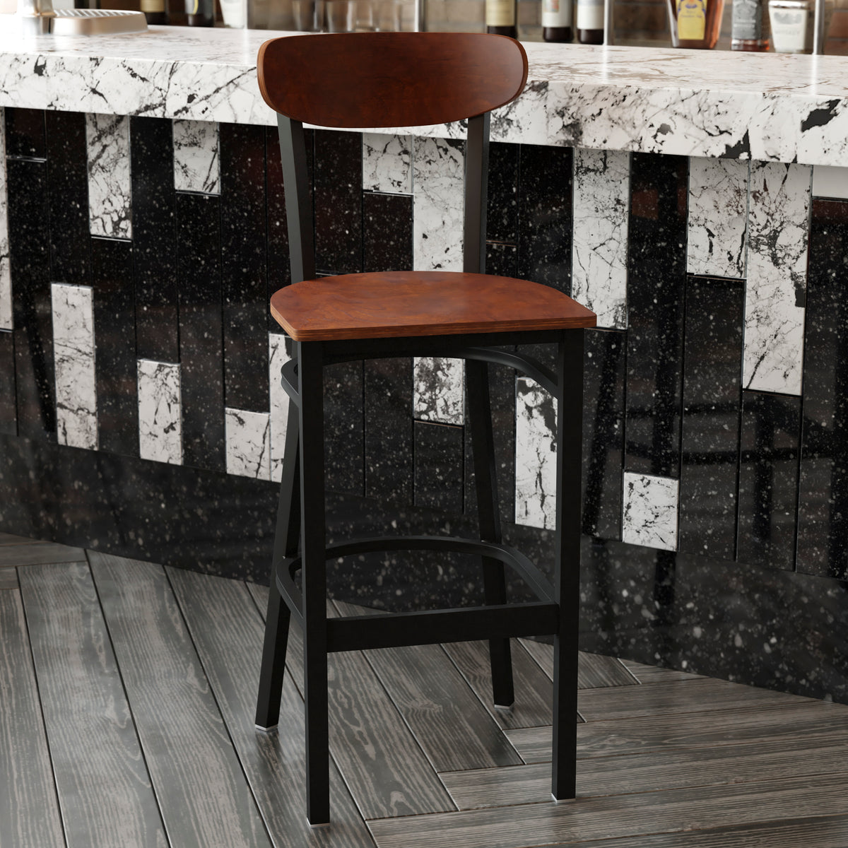 Wright Commercial Grade Barstool with 500 LB. Capacity Steel Frame, Solid Wood Seat, and Boomerang Back