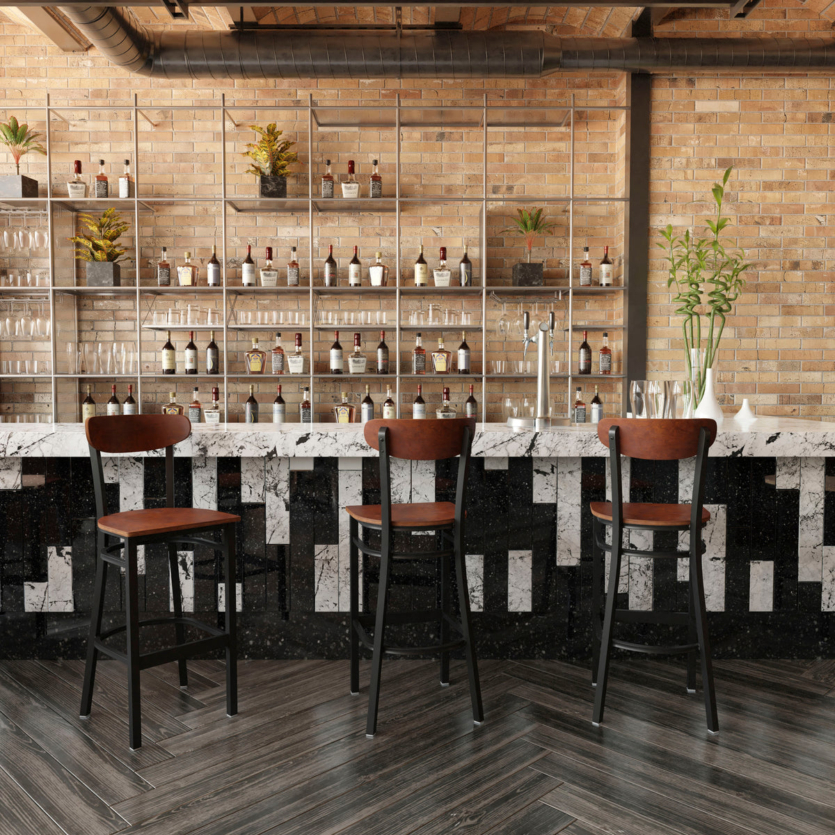 Wright Commercial Grade Barstool with 500 LB. Capacity Steel Frame, Solid Wood Seat, and Boomerang Back