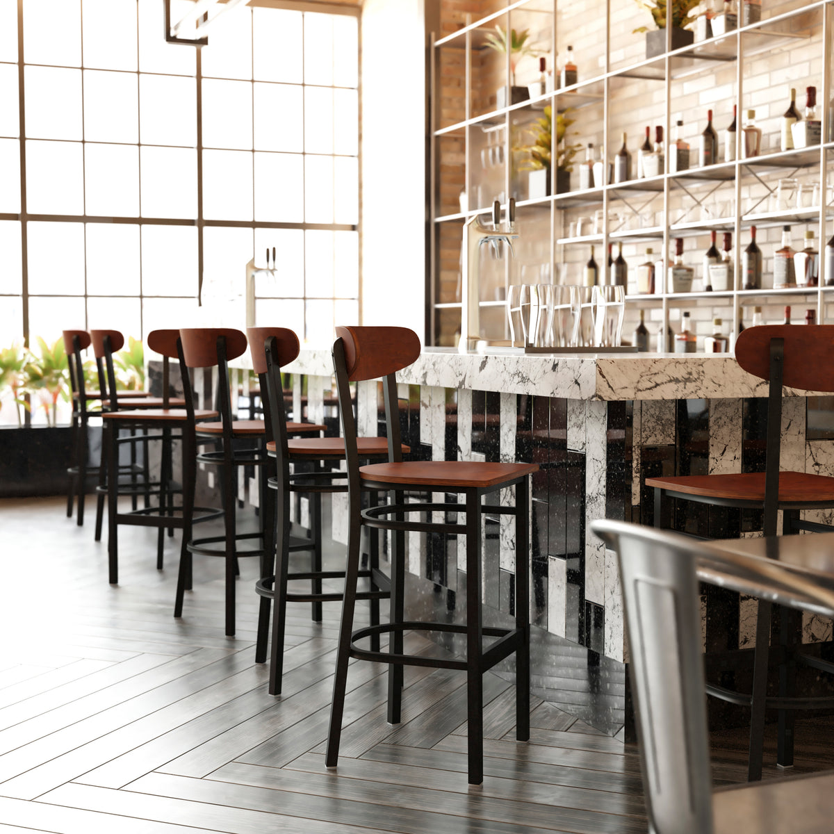 Wright Commercial Grade Barstool with 500 LB. Capacity Steel Frame, Solid Wood Seat, and Boomerang Back