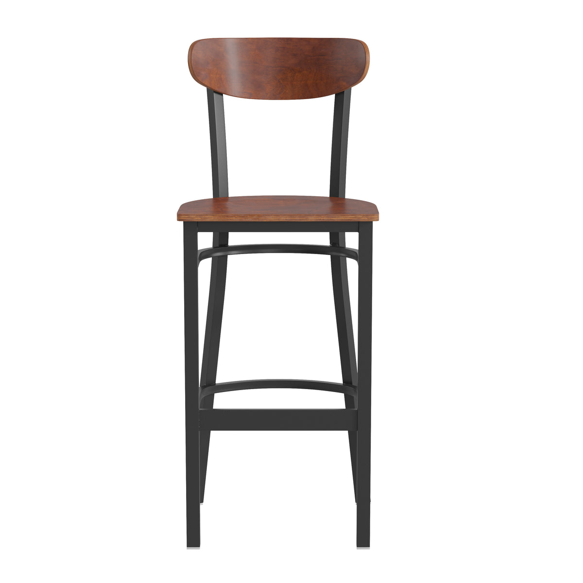 Wright Commercial Grade Barstool with 500 LB. Capacity Steel Frame, Solid Wood Seat, and Boomerang Back