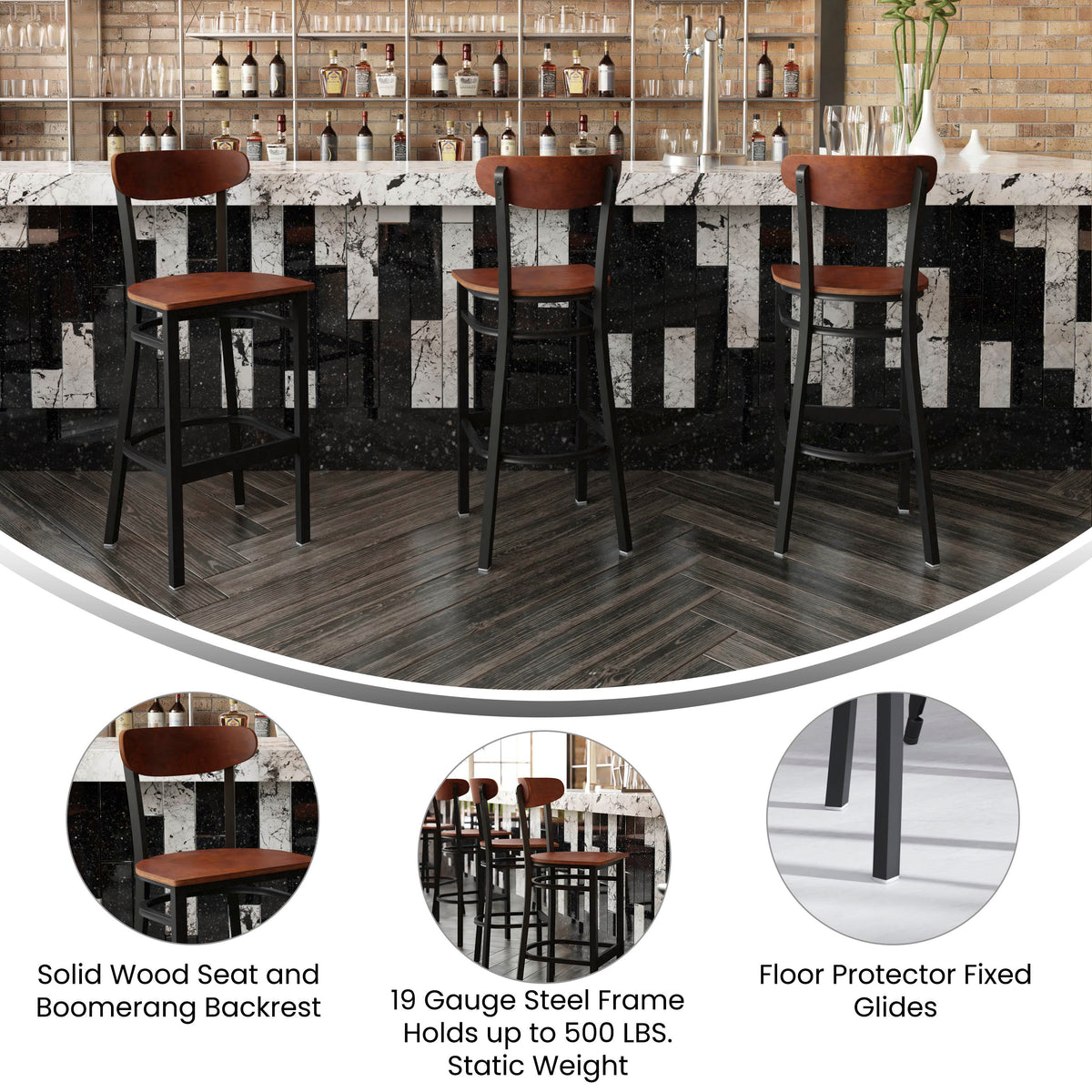 Wright Commercial Grade Barstool with 500 LB. Capacity Steel Frame, Solid Wood Seat, and Boomerang Back