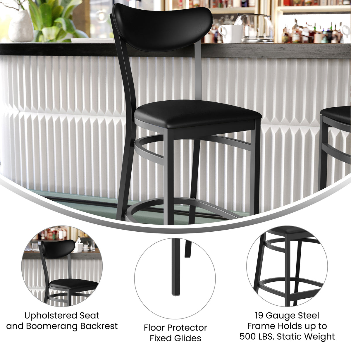 Wright Commercial Grade Barstool with 500 LB. Capacity Steel Frame, Solid Wood Seat, and Boomerang Back