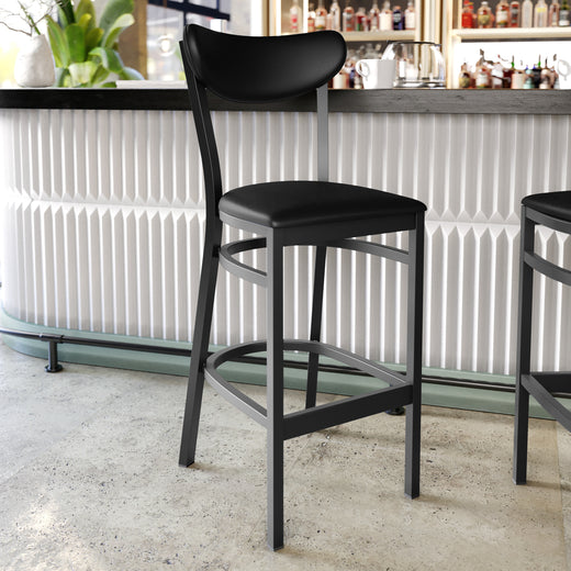 Wright Commercial Grade Barstool with 500 LB. Capacity Steel Frame, Solid Wood Seat, and Boomerang Back