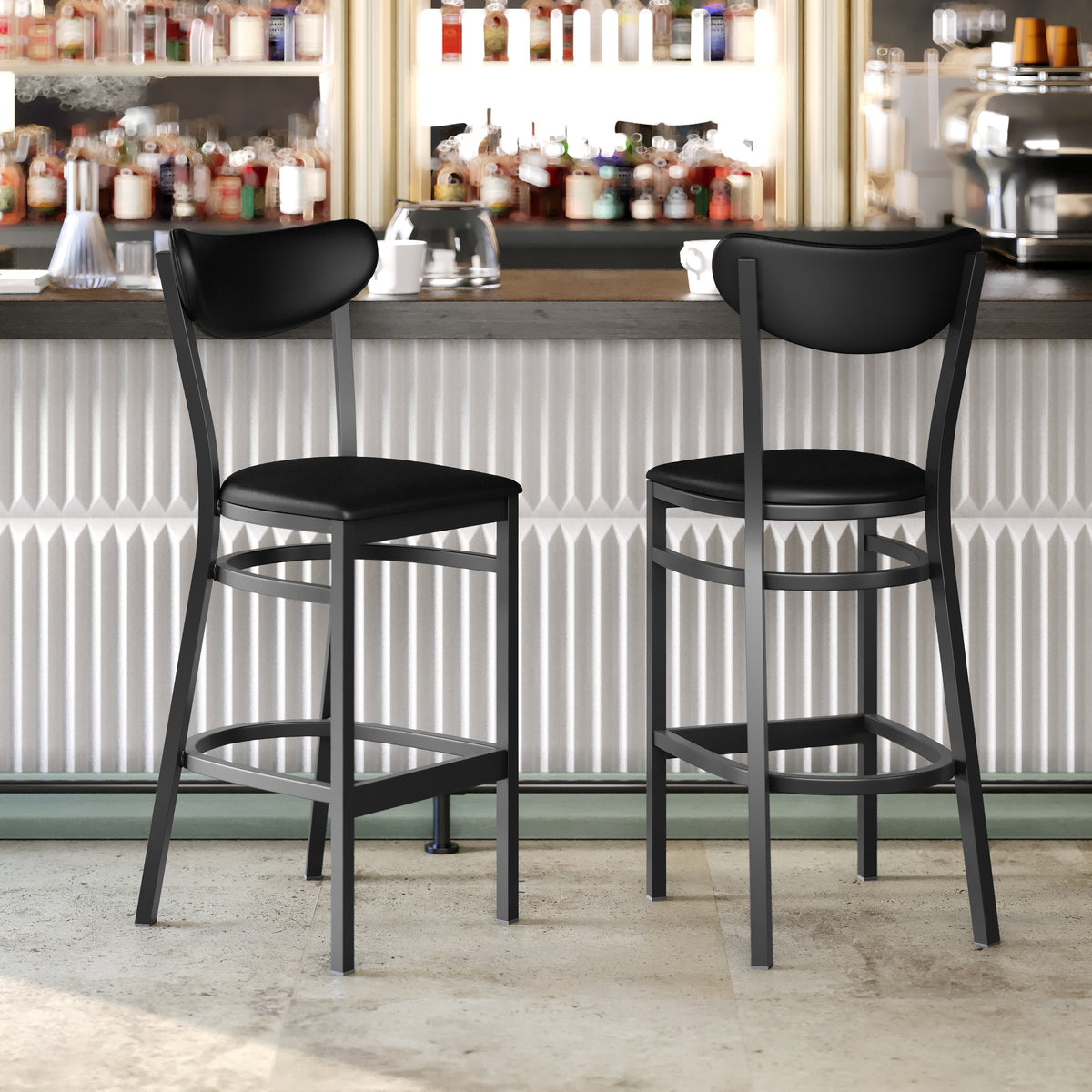 Wright Commercial Grade Barstool with 500 LB. Capacity Steel Frame, Solid Wood Seat, and Boomerang Back
