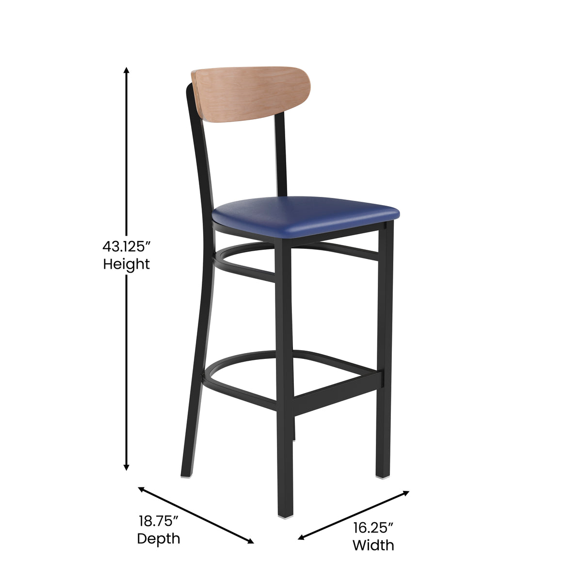 Wright Commercial Grade Barstool with 500 LB. Capacity Steel Frame, Solid Wood Seat, and Boomerang Back